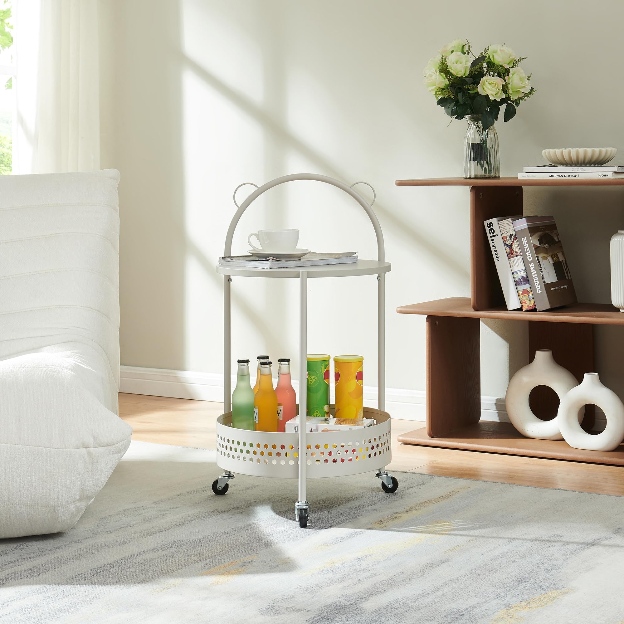 [en.casa] Carro de Servicio Jässaatka de 2 Niveles Carrito de Restaurante Estantería de Baño con 2 Estantes en Forma Redonda y 3 Ruedas Carrito de Cocina Versátil Metal 76 x Ø 40 cm - Gris