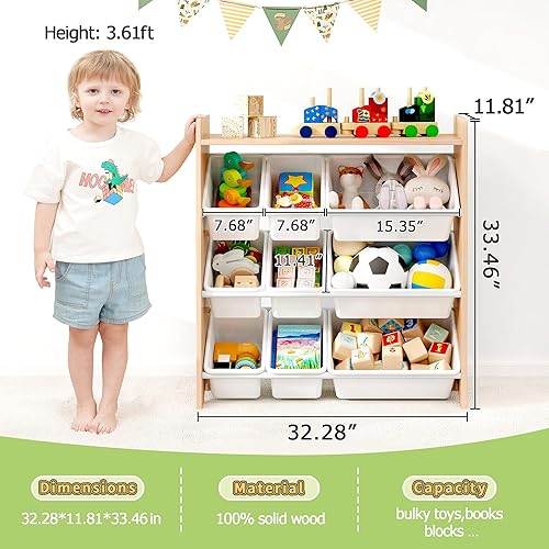 Miniatura 3 de MallBest Organizador de juguetes para niños con 9 contenedores  Estante de almacenamiento de 4 niveles 100% madera maciza para sala de juegos o