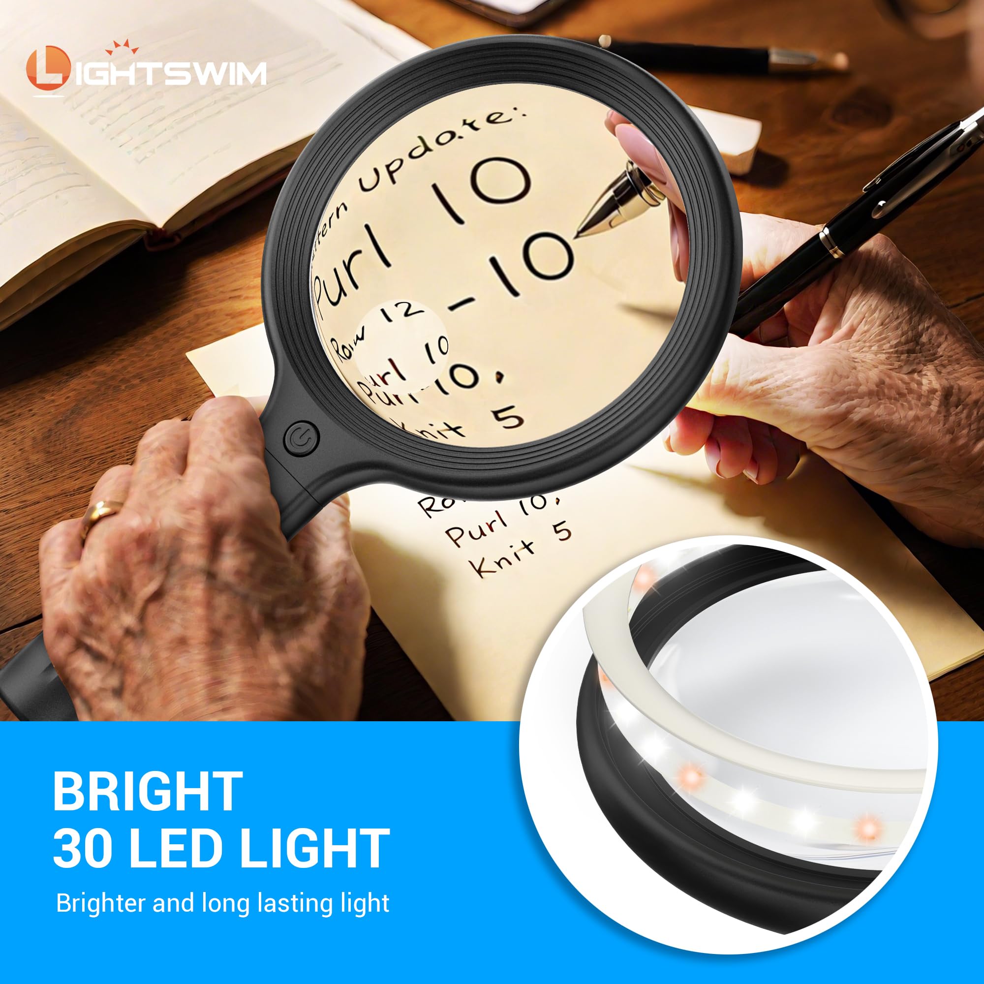 Lupa de cuello con luz para trabajo de cerca, lupa de 138 mm 5X de mano iluminada para leer libros, incluye 2 piezas de lupas pequeñas de 10X mejoradas con funda protectora, ideal para reparaciones