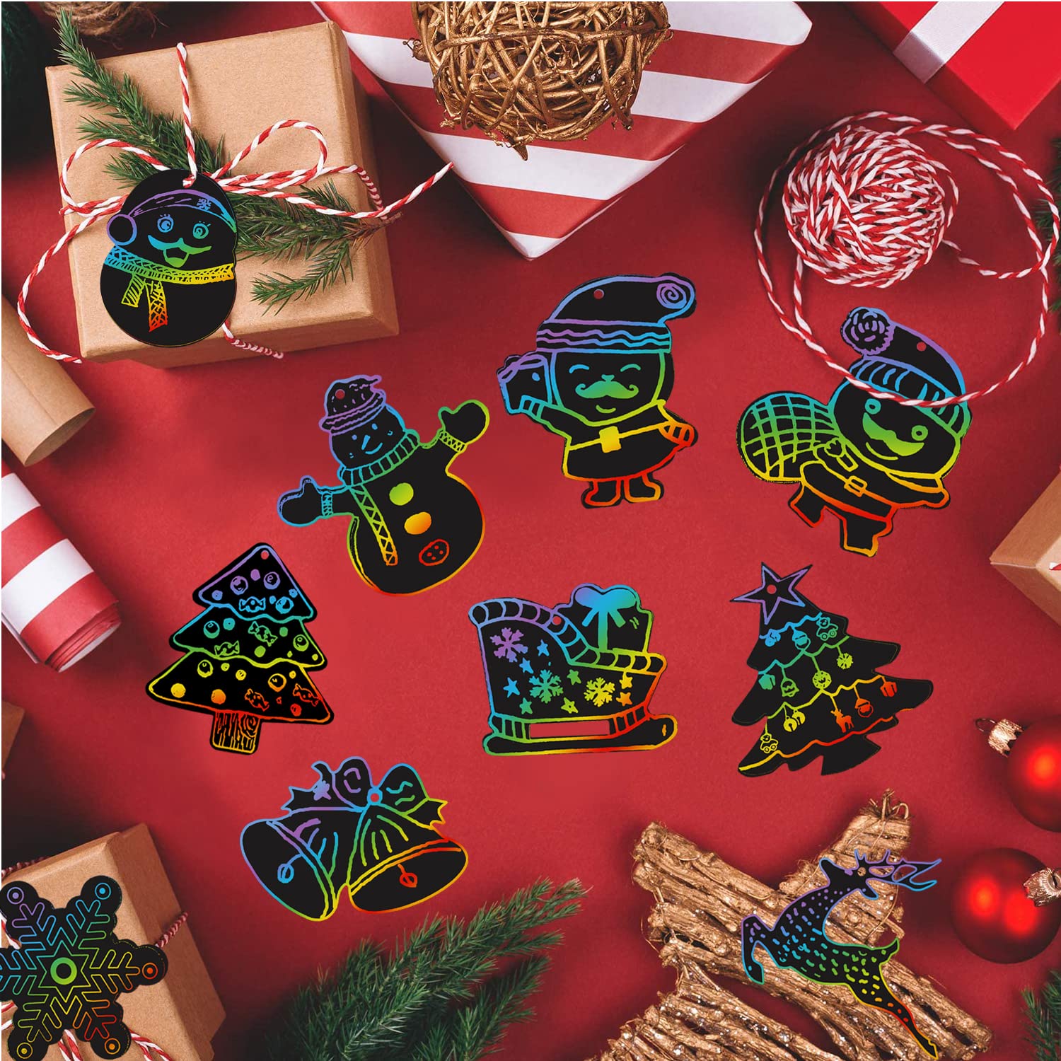 48 Tarjetas Navideñas Rasca Y Gana – 12 Diseños, Con 16 Palos Y 48 Cintas, Manualidad DIY Decoración Árbol