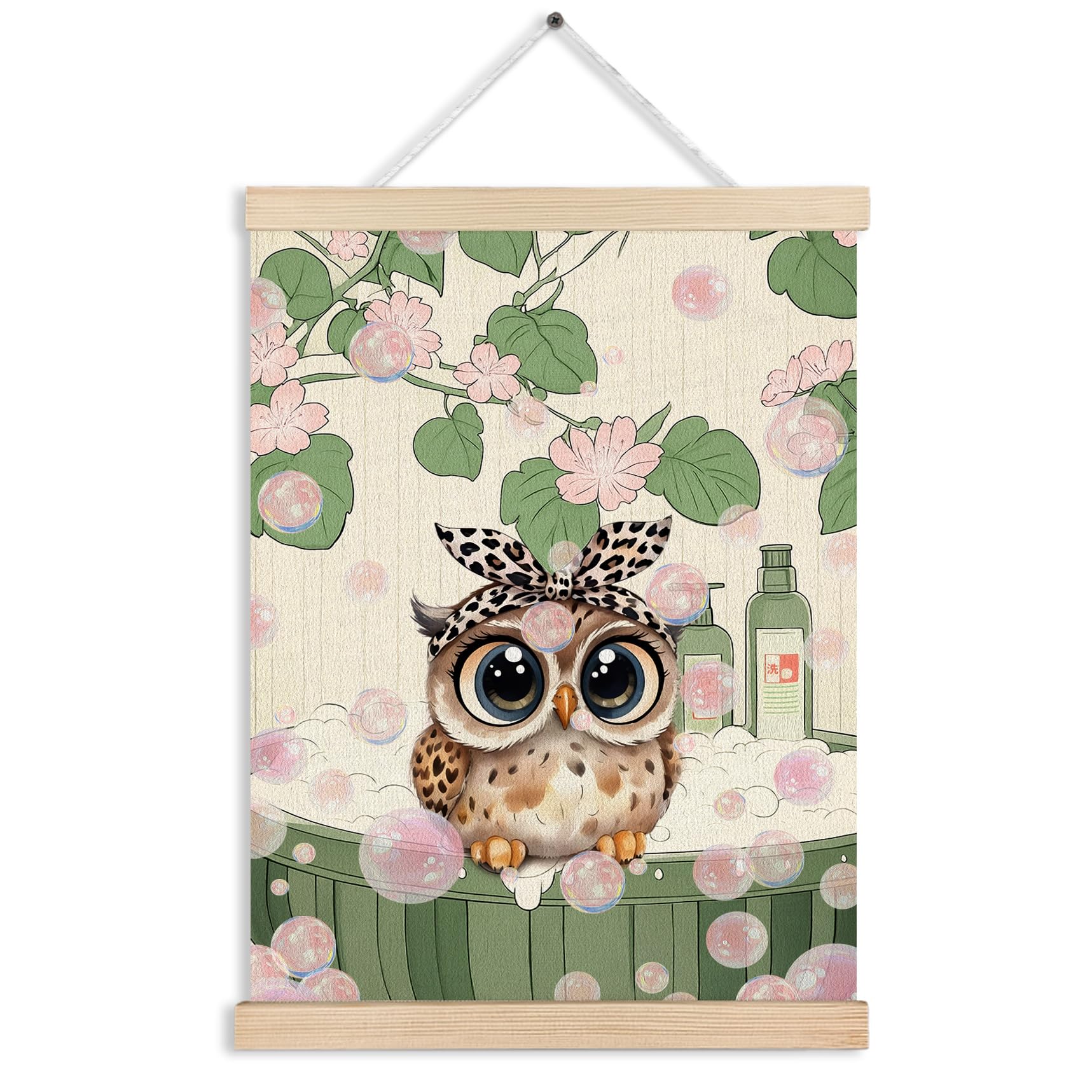FITIE Cute Owl Bathing Bathroom Wall Art Poster Framed, Vintage Japanese Aesthetic Floral Owl Canvas Wall Art Prints for Home Bathroom Toilet Washroom