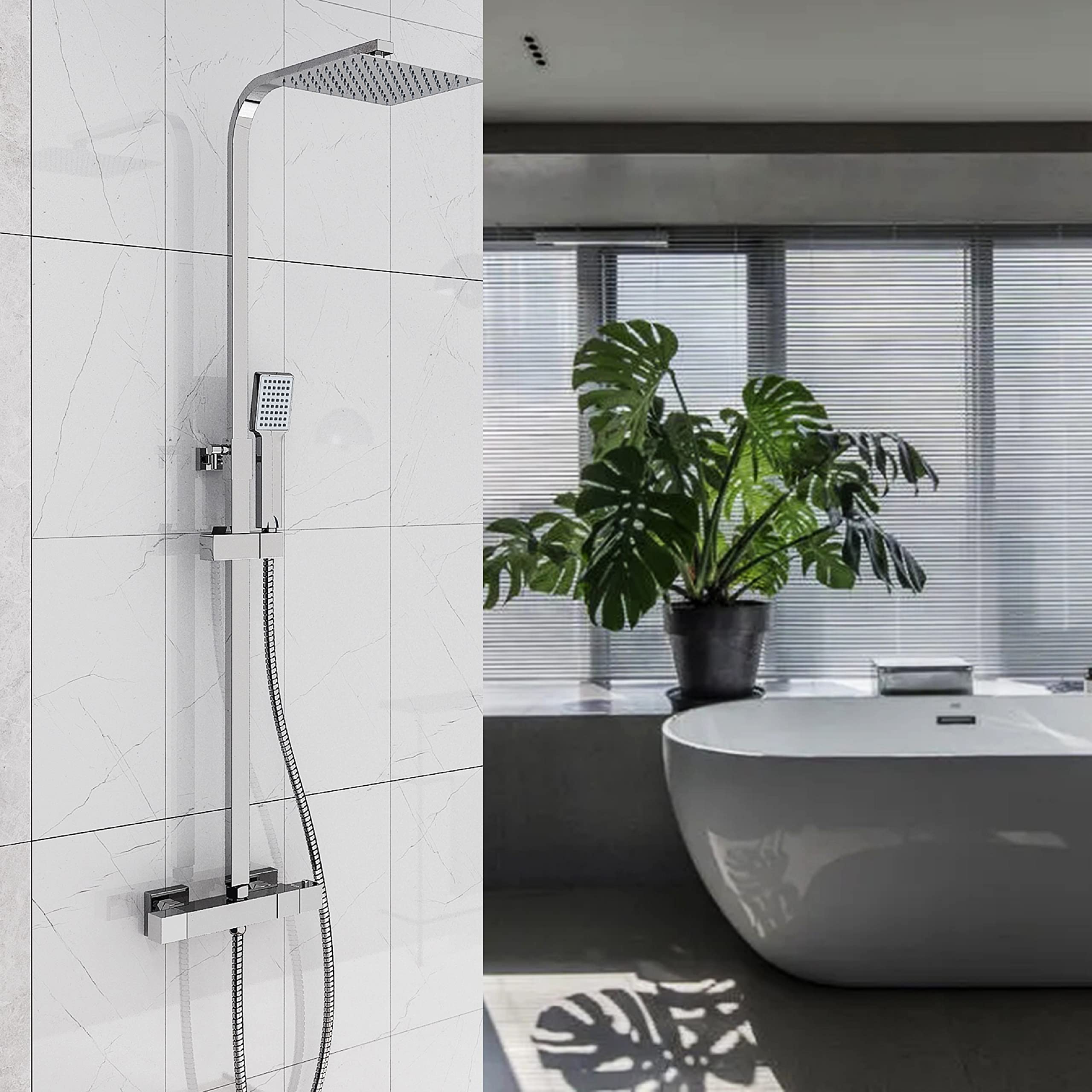 AICA Columna de Ducha termostática, Alcachofa de Baño, Cuadrada con manguera de acero inoxidable en cromo, Ducha Lluvia, Barra ajustable en 80-120cm