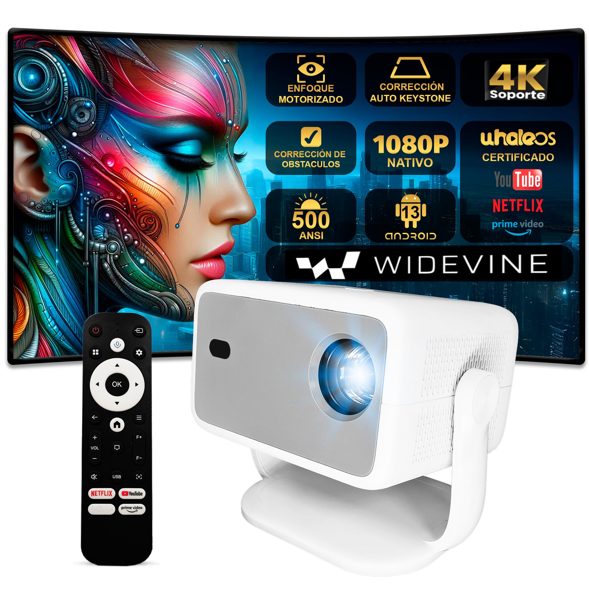 Proyector 4K, Unicview TP350, Google Certificado Netflix, Videoproyector Cine en casa con Android 13, 500 ANSI Lúmenes, Auto Keystone, Enfoque motorizado, Keystone 4D, Zoom, WIFI6, Bluetooth 5.2