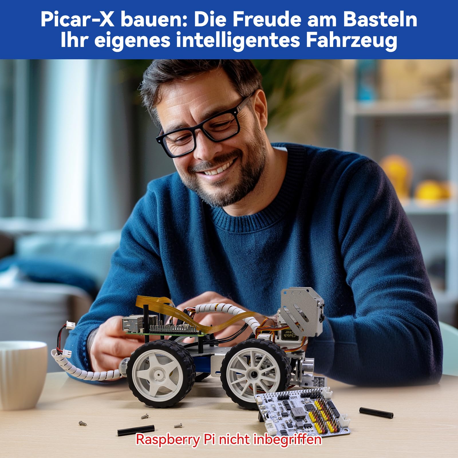 SunFounder Picar-X KI-Videoroboter-Car-Kit für Raspberry Pi 5/4/3B+/Zero 2w,LLMs ChatGPT-4o/Gemini/Grok,Sprach- und Videoerkennung,Python,Scratch,Kamera,Akku (RPI Nicht im Lieferumfang enthalten)
