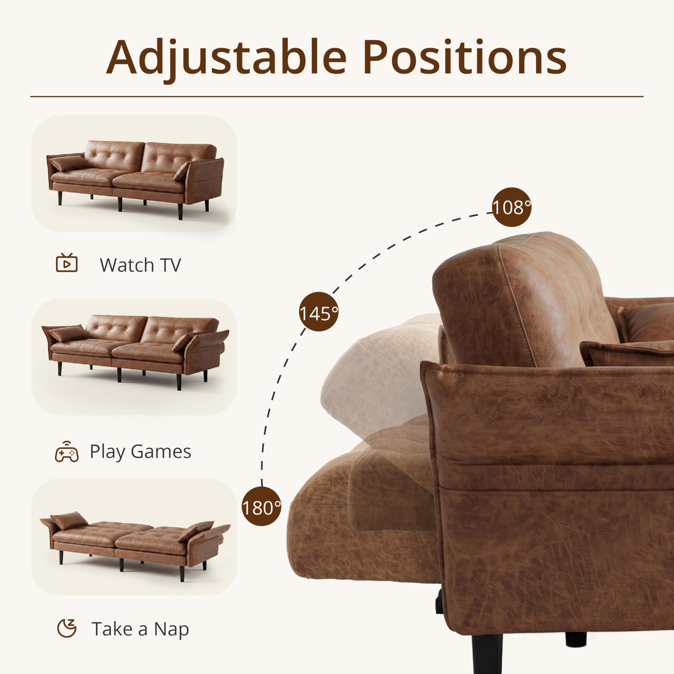 Faux Leather Futon Sofa Bed, Convertible Sleeper Sofa Couch | Leather Couch with Adjustable Backrest and Armrests, Sleeper Sofa for Living Room, Bedroom, Office, Camel(Brown)