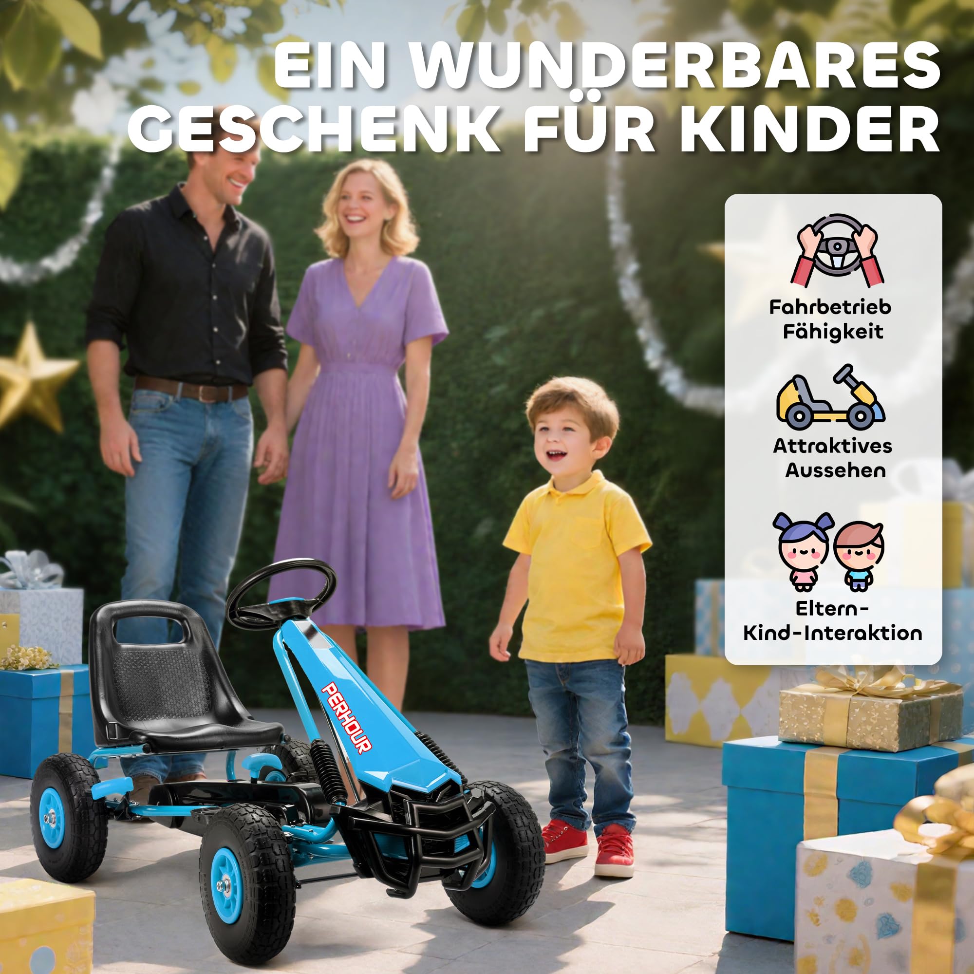 AIYAPLAY Gokart, Tretauto mit Handbremse, verstellbarem Sitz, Vor- und Rückwärtsgang, Pedalantrieb, Kinderfahrzeug mit Eva Reifen, manueller Kupplung, Tretfahrzeug für Kinder 3-8 Jahren, Blau