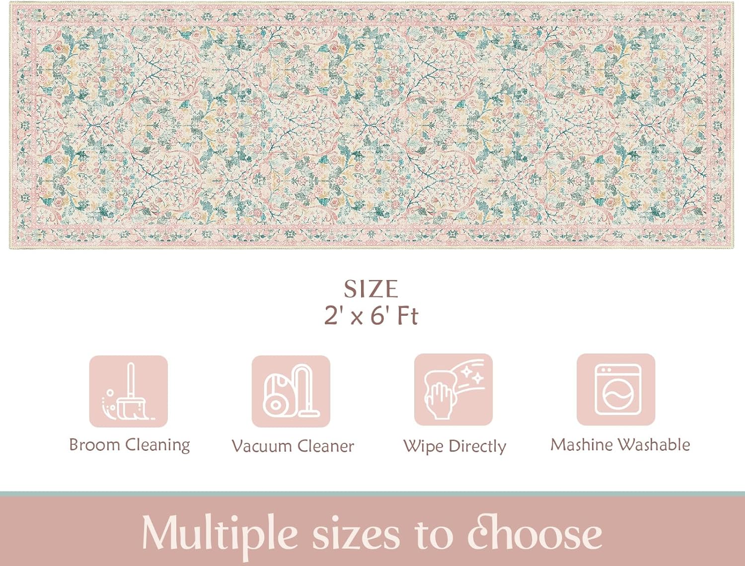 MUJOO Washable Runner Rug Pink,Floral 2x6 Runners for Hallway Kitchen Bedroom Bedside Bathroom Laundry Room,Long Non Slip Throw Carpet Boho Indoor Botanical Vintage Ultra-Thin