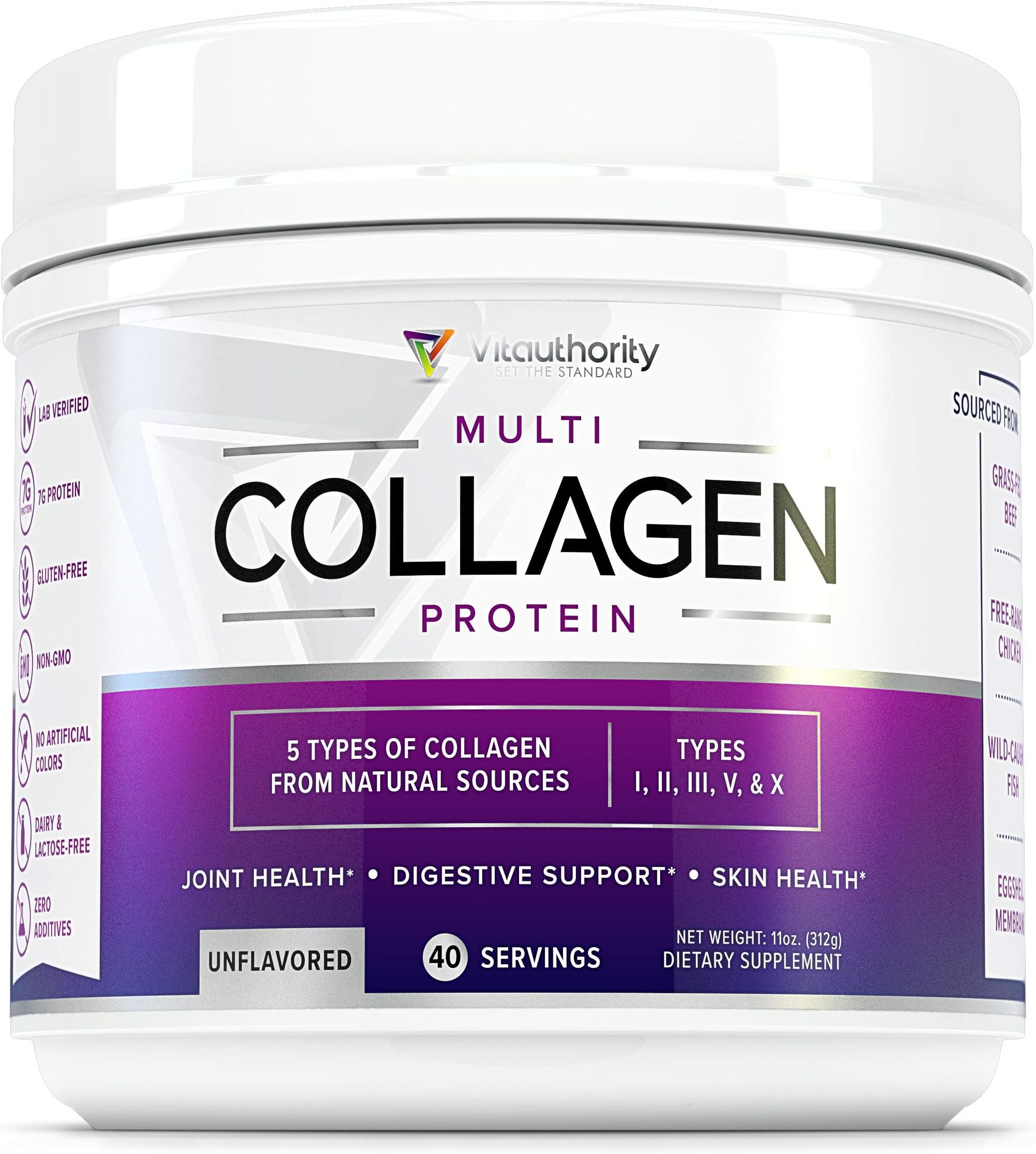 Multi Collagen Peptides: All-Natural, Gluten Free Hydrolyzed Collagen Protein Powder with 5 Types of Collagen - Types I, II, III, V and X, (11 Ounce, 40 Servings)