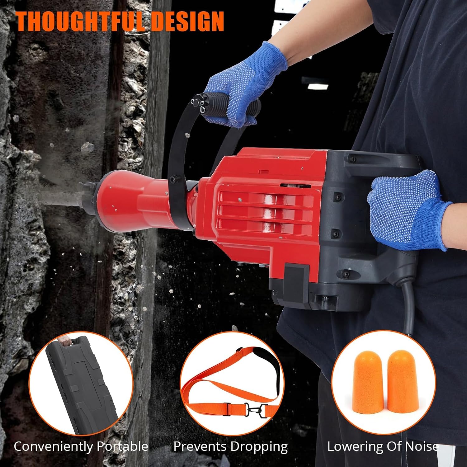 GarveeTech Jack Hammer - 2200W, Heavy Duty, With Shoulder Strap, 1700 Bpm Concrete Breaker, 4pcs Chisels, Case, Gloves