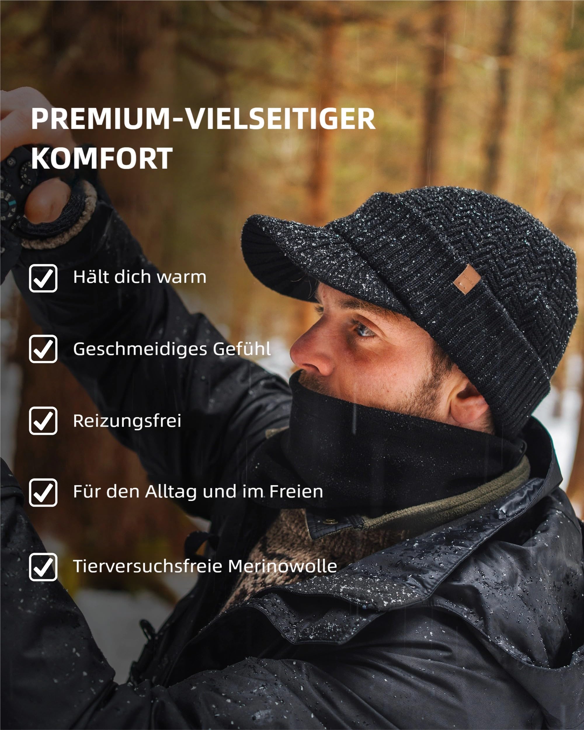 TOP-EX Gorro de invierno de lana merino DryKnit, para hombre y mujer, gorro cálido con paraguas, forro polar impermeable y calentador de cuello de forro polar cálido