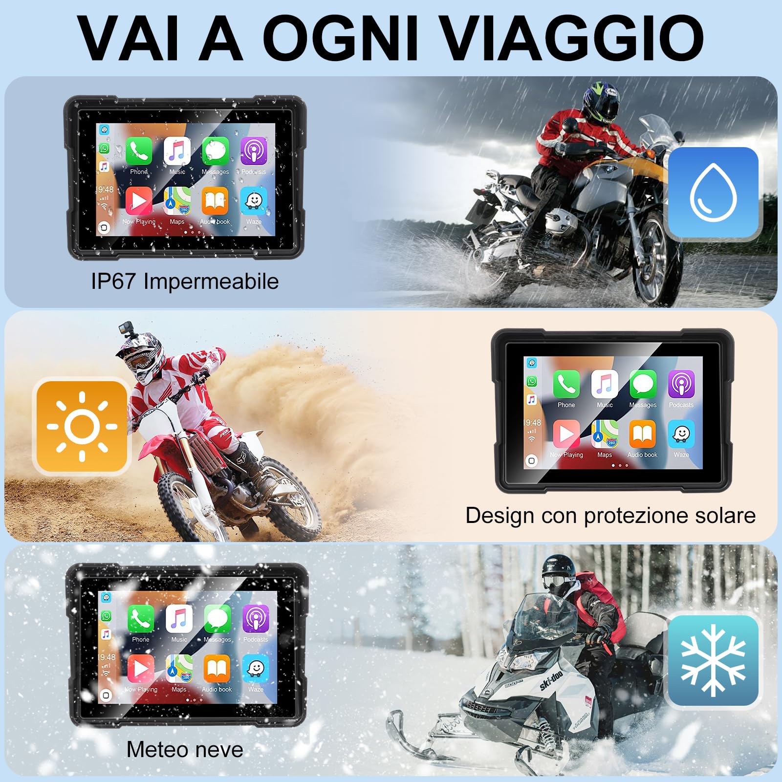 GuKKK Carpuride Pantalla CarPlay GPS para Motocicleta de 5 Pulgadas, CarPlay inalámbrico y Android Auto para Motocicletas, IP67 a Prueba de Agua,Admite Bluetooth Dual TF64, Navegación GPS Moto