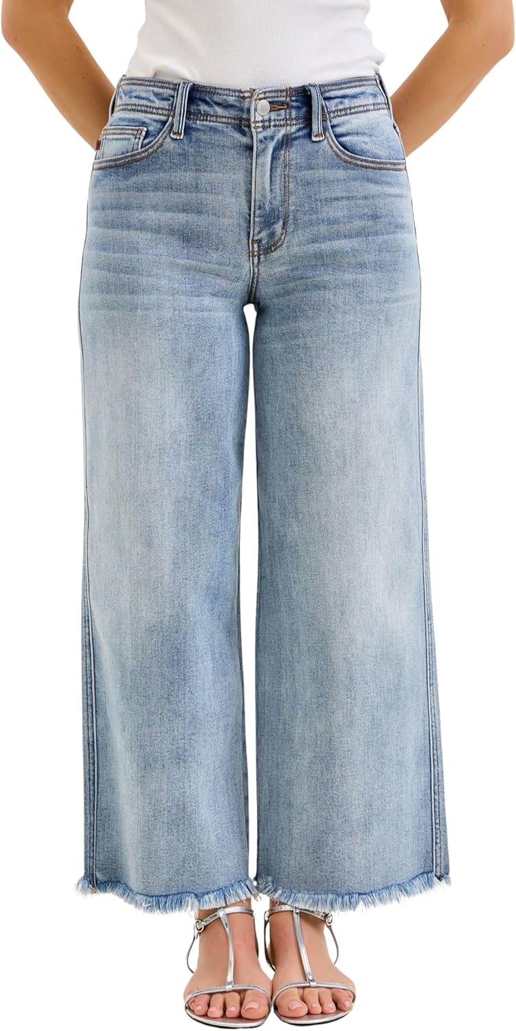 Judy Blue Womens Jeans - Mid Rise Ankle Wide Leg with Hollywood Waistband and Frayed Hem