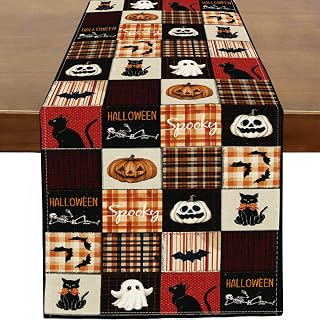 Baccessor Halloween Table Runner Burlap 13 x 90 Inches, Spooky Black Cat Bat Pumpkin Ghost Plaid Dining Dinner Kitchen Table Indoor Holiday Farmhouse Party Supply Decor