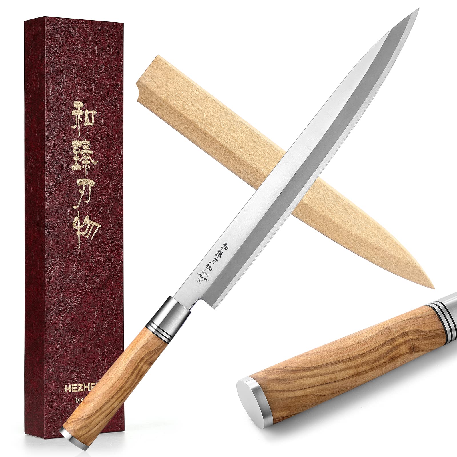 Couteau Yanagiba HEZHEN 300 mm, acier forgé, manche bois