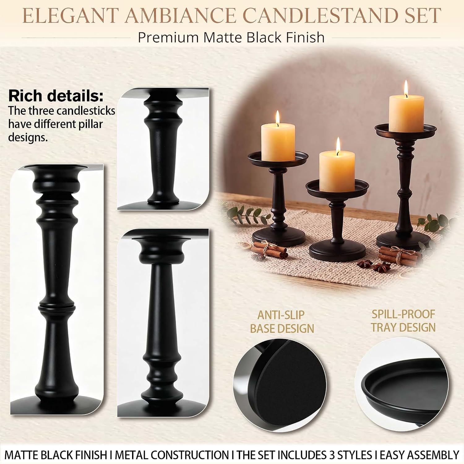 Metal Pillar Candle Holders Set, Vintage Candlestick Holders Stand 9.8", 7.5", 5.5" Tall for LED Flameless & Wax Pillar Candles for Dining Room & Living Room (Set of 3 (9.8" 7.5" 5.5"))