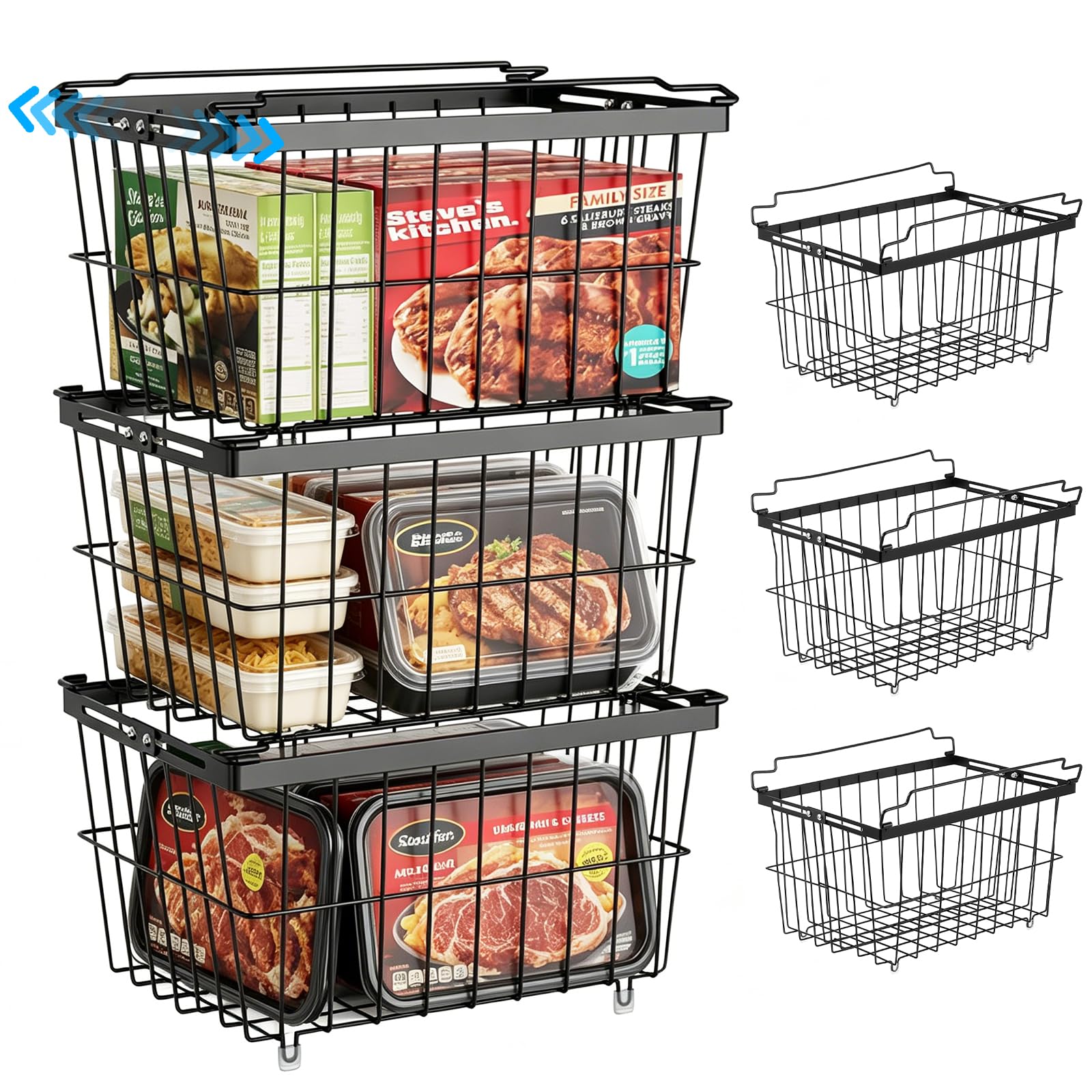 3 Pack Chest Freezer Baskets - Stackable & Extendable Freezer Organiser, Universal Storage Basket Pantry with Handles for Kitchen Cabinets Pantry, Sort Frozen Foods and Save Space, Easy to Get Items