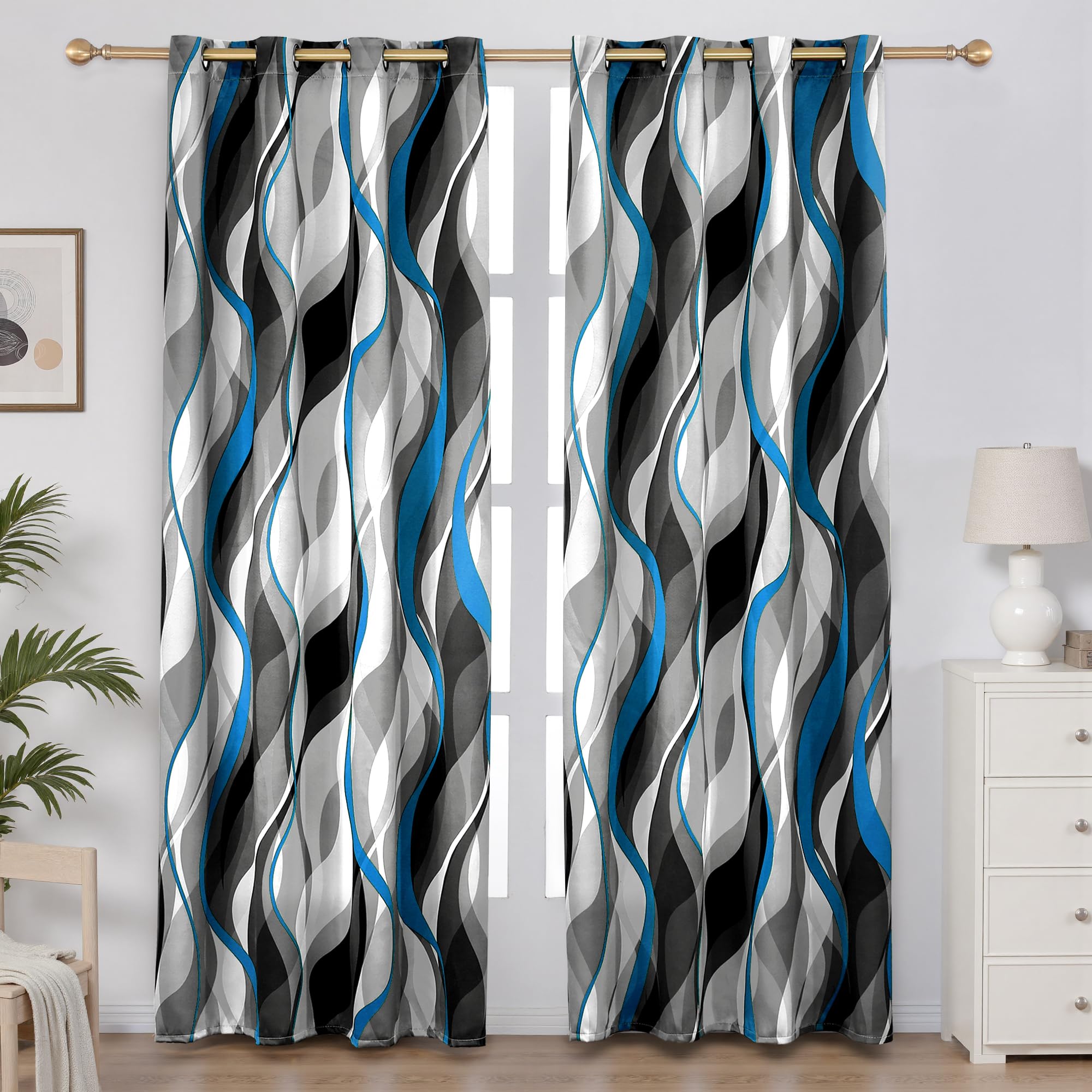 weesire Blue and Grey Curtains Modern Striped Decorative 50% Light Blocking Darkening Grommet Blue Curtain for Living Room Villa, Bedroom Gray and Blue 2 Panels Set, 52x96 Inches — image 1
