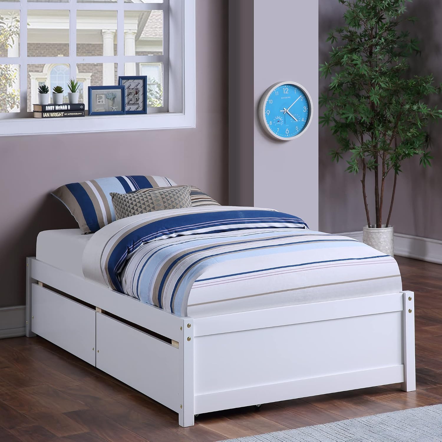 CITYLIGHT Twin Bed with Storage, Wood Twin Platform Bed Frame with 2 Drawers,Twin Kids Bed with Wood Slat Support, No Box Spring Needed,White