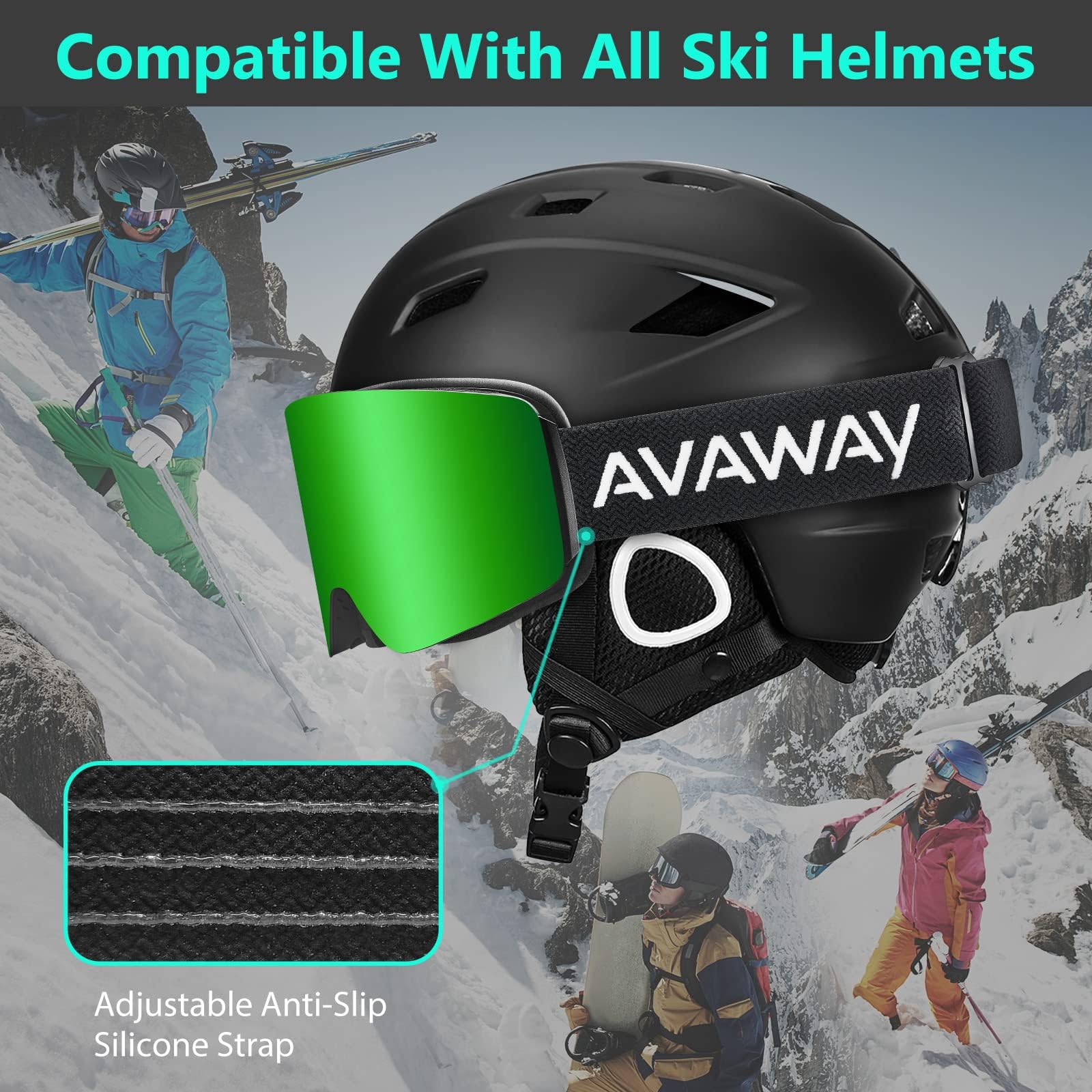 AVAWAY Masque de Ski Homme Femme Lunettes de Ski Lentille magnétique UV Protection Remplaçable, résistant à l'eau, au brouillard et au vent, Solide et sûr, Ski Snowboard Autres Sports Hiver