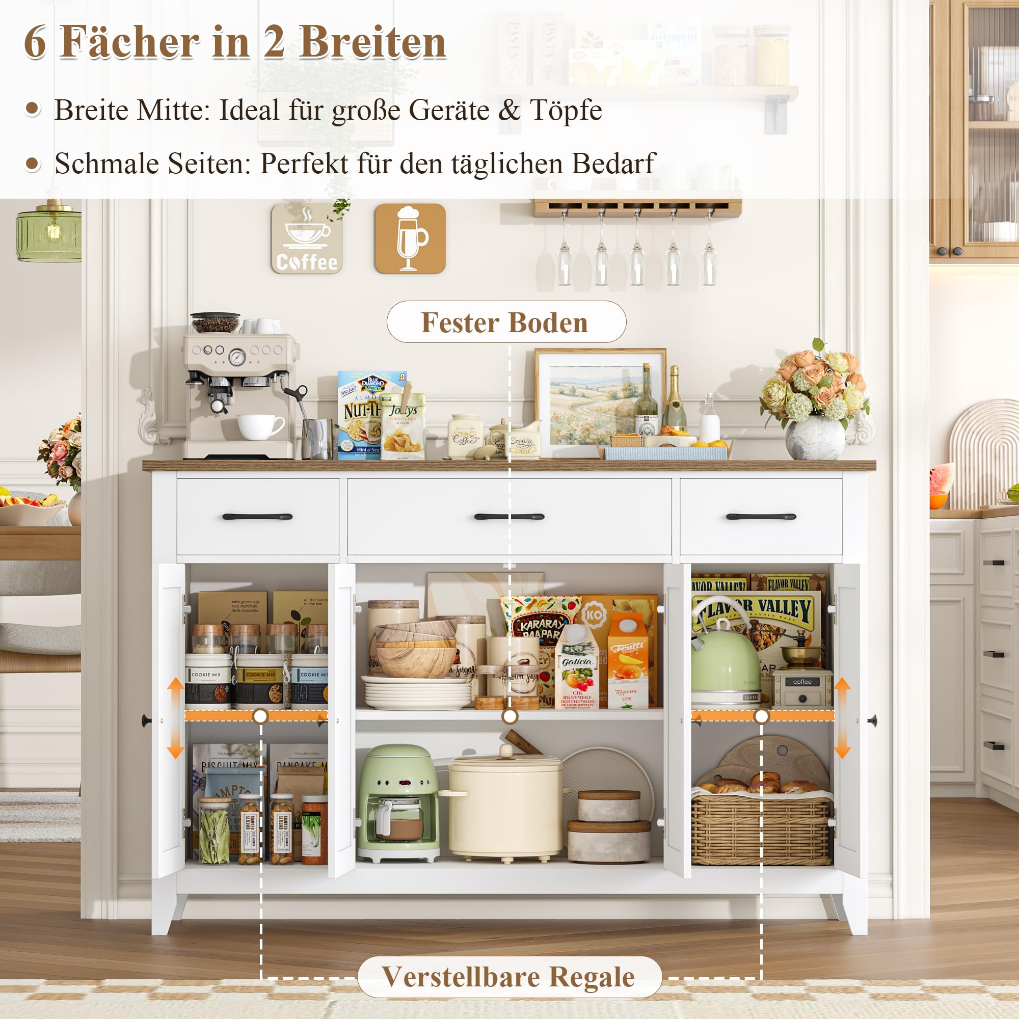 HOCSOK Küchenschrank, Sideboard mit Verstellbare Regalböden,140 cm Breit