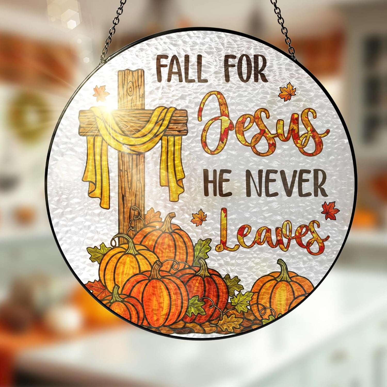 FLAGWIX Fall Decorations for Home - Stained Glass Window Hanging 8in - Christian Sun Catchers Indoor Window, Fall Gifts for Women Men, Thanksgiving Decorations Sun Catcher, Christian Gifts for Mom Dad Amber – Faith Autumn 8 in
