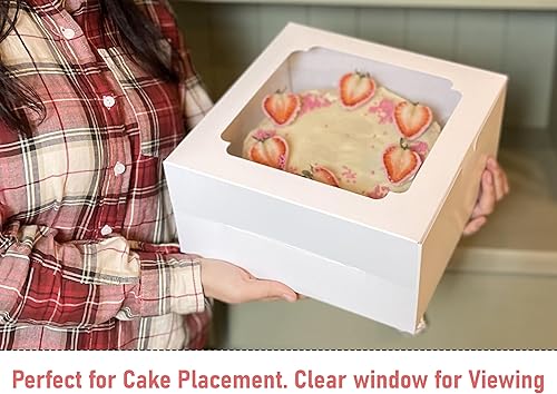 Miniatura 5 de 25 cajas para tartas de 10 x 10 x 5 pulgadas con ventana, caja transparente de panadería para postres, cajas cuadradas blancas grandes desechables