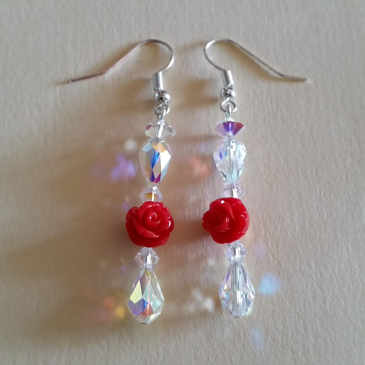 Red Rose Flower Crystal Teardrop Earrings - Mother's Day Valentine's Day Christmas Birthday Gift - Handmade Dangles - Made in USA - Image 2