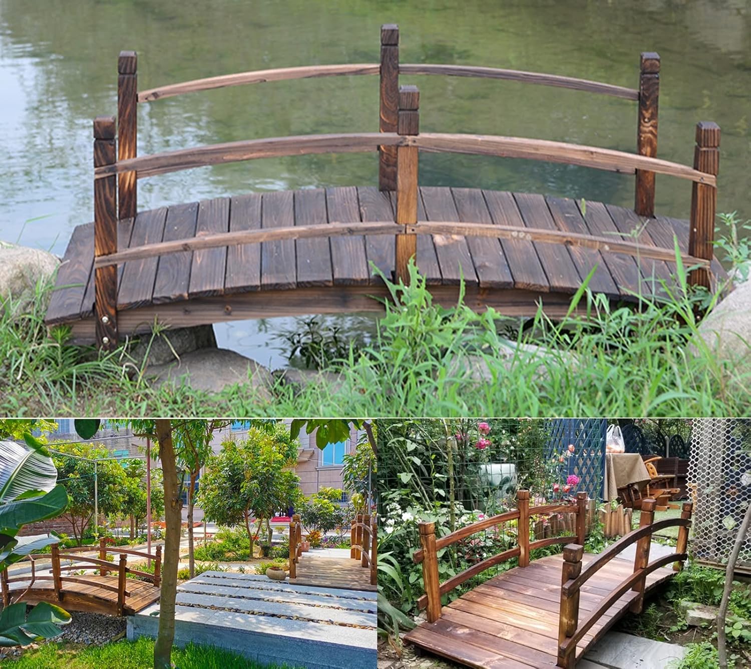 Backyard Wooden Bridge Wooden Arc Bridge with Railings, Garden Décor Pond Bridge Footbridge for Backyard Creek Stream Pond, 440 Lbs Capacity(150x65x50cm/59.1x25.6x19.7inch)