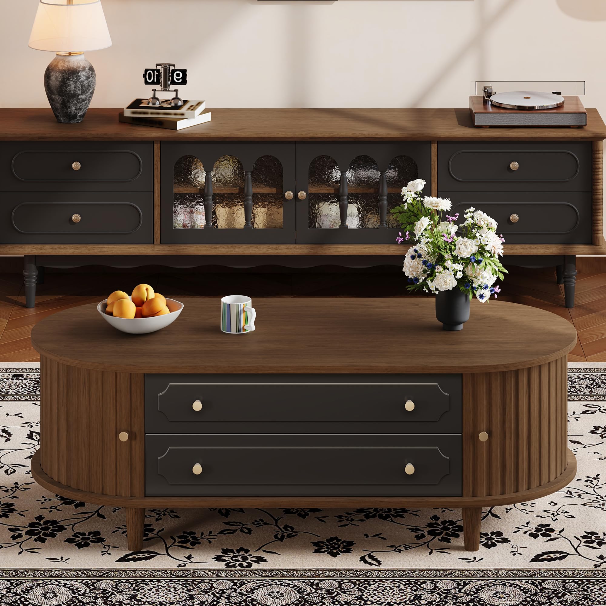 Merax Oval Coffee Table with Sliding Doors, Walnut Coffee Table with Storage, Modern Wooden Centre Table with Hidden Storage Compartment, MDF Sofa Table for Living Room, Rounded Corner, 100x50x36cm