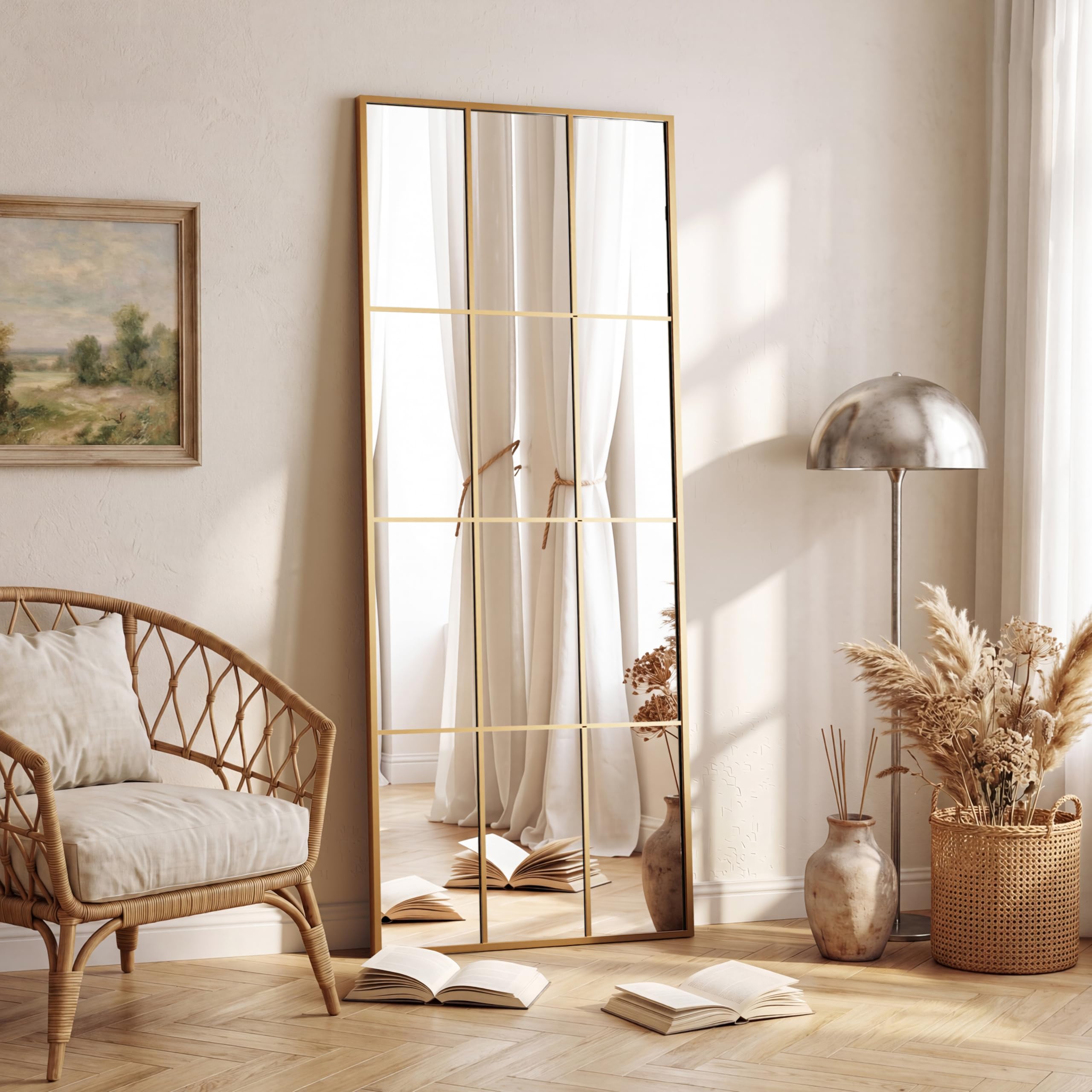 Koonmi 60x165cm Fensterscheibe Ganzkörperspiegel - rechteckige Raster-Designed Dekorative Vollkörper Wandspiegel mit Metallrahmen hängend Schrägung für den Eingang, Wohnzimmer Dekoration, Gold
