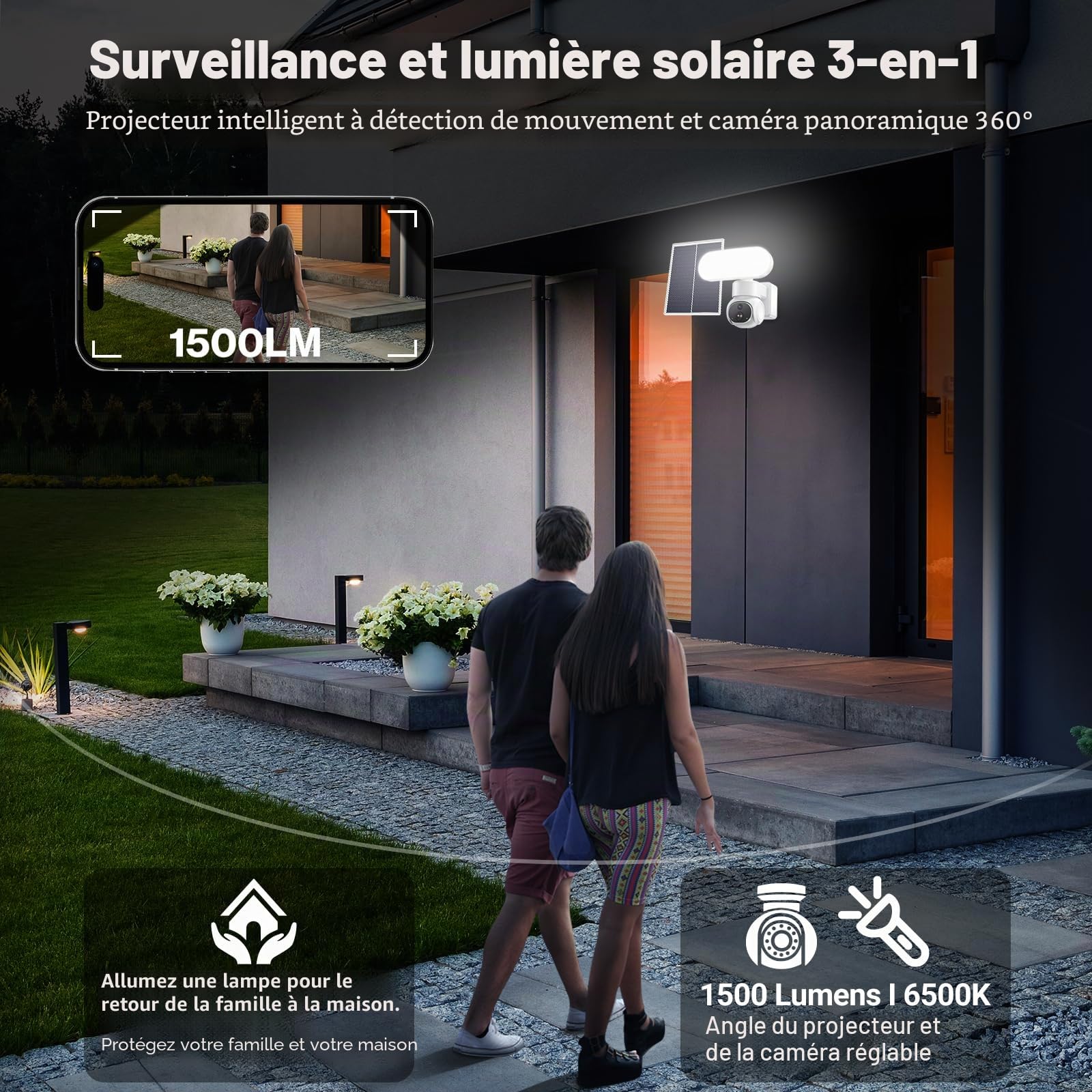 Cadrim 2K Camera Surveillance WiFi Exterieure sans Fil Solaire avec MicroSD 64 Go, 2.4GHz Camera Exterieur avec Panneau Solaire,360° PTZ,Vision Nocturne Couleur, Audio Bidirectionnel, PIR Sirène, IP65