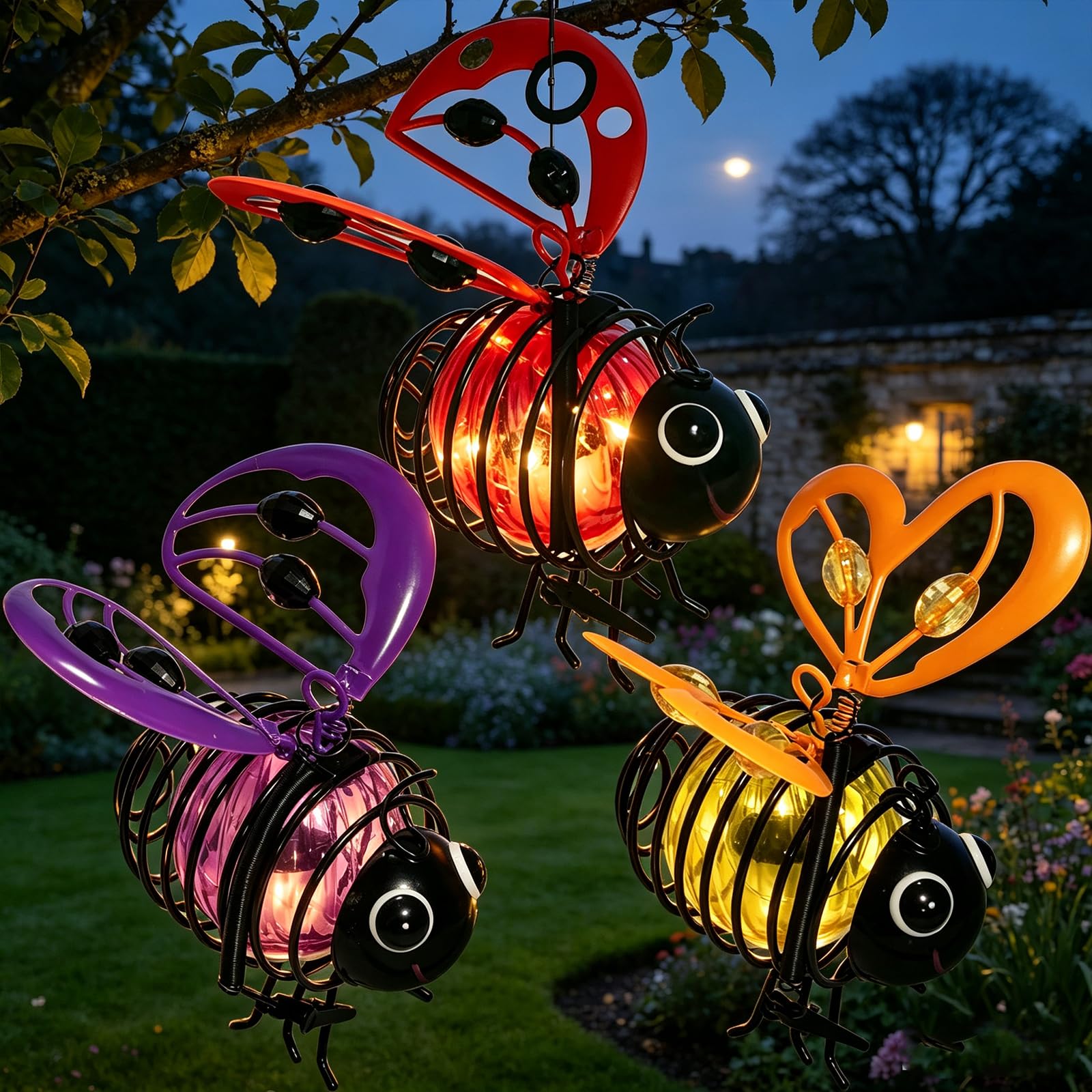 Solar Powered Hanging Bee Garden Light Outdoor, Metal Waterproof Garden Lantern, Auto-On Led Fairy Decor for Patio Yard Pathway (3pcs-c)