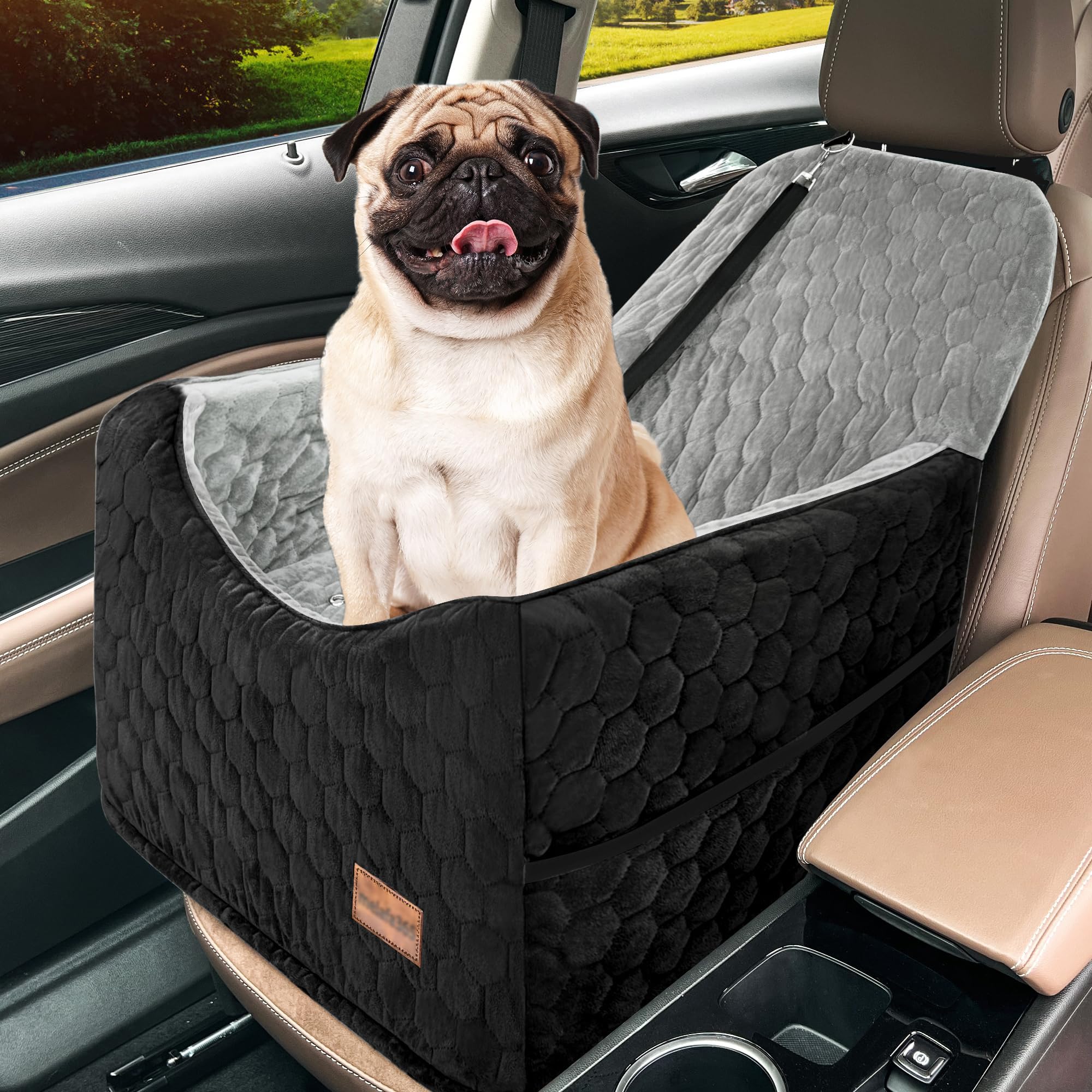 Zxyculture Dog Car Seat for Small Dogs, Dog Booster Car Seats for Under 30 lbs, Elevated Pet Car Seat with Storage Pockets and Belt, Detachable & Washable Dogs Car Bed (GreyBlack)
