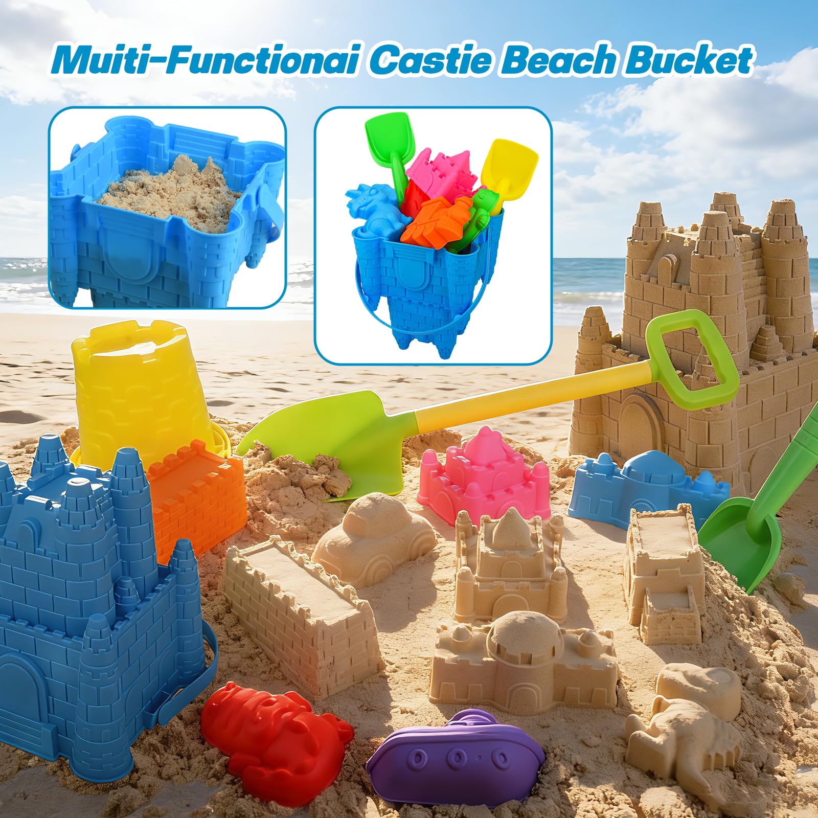 Beach Toys, Sandbox Toys 28Pcs Kids Sand Play Set, Giant Castle, Dinosaur Molds with Collapsible Buckets, Shovels & Rakes, Soft Plastic Summer Outdoor Travel Toys for Toddlers Boys Girls - 3