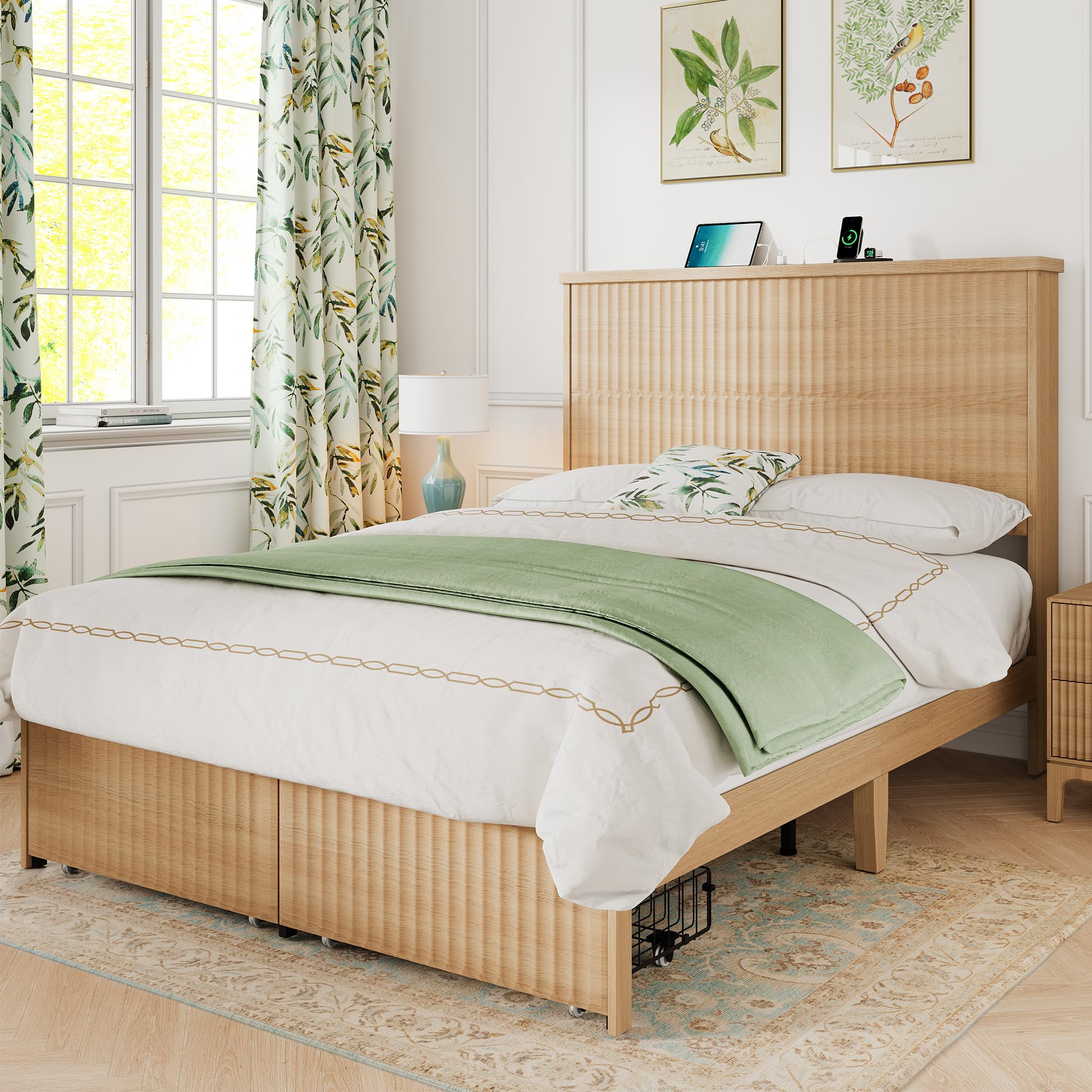 Yechen Retro Fluted Queen Bed Frame with 55" Tall Headboard and Storage Drawers, Natural Wood Metal Queen Bed with Solid Wood Leg and Charing Station, Sturdy Wooden Slats Support, No Box Spring Needed