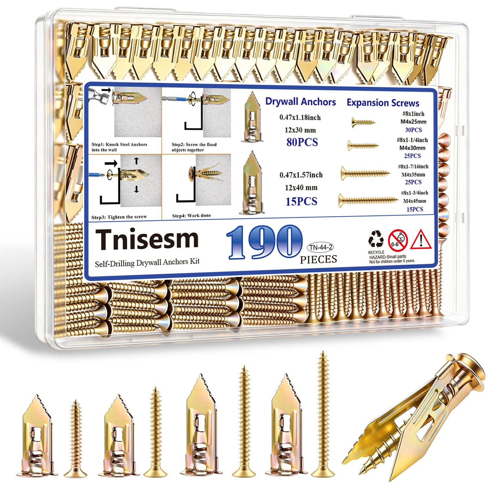 Tnisesm 190Pcs 4 Size Self Drywall Drilling Anchors with Screws Kit, Metal & Heavy Duty Grip Anchors for Wall Sheetrock, Expansion Anchor Assorted Sizes for Picture Frames, Shelves & Home Decor