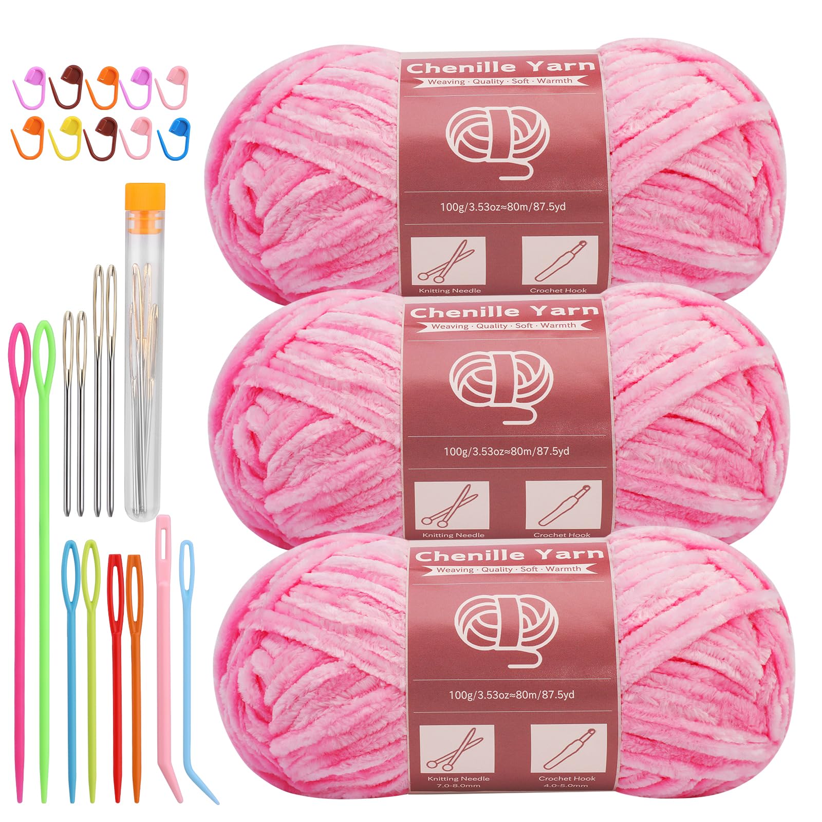 LUNARM Chenille Yarn 3 Pack 3.5oz Chunky Blanket Velvet Yarn 263 Yard | Pink Chunky Chenille Yarn for Beginners Crocheting Hand Knitting Scarves with Big Eye Needles Machine Washable