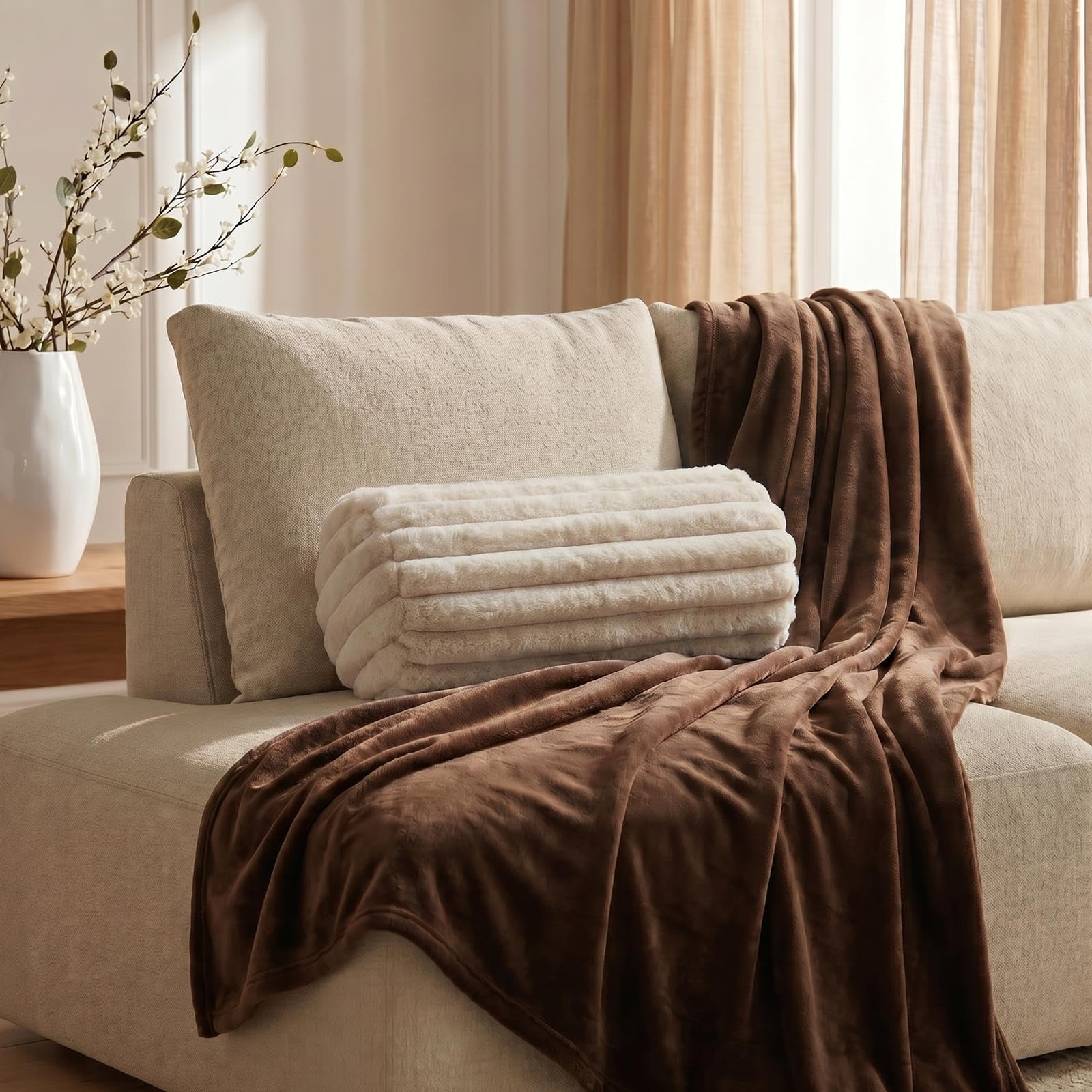 Ohs Natural Bolster Cushion Faux Fur Ribbed Cylinder Pillow Yoga Bolster,