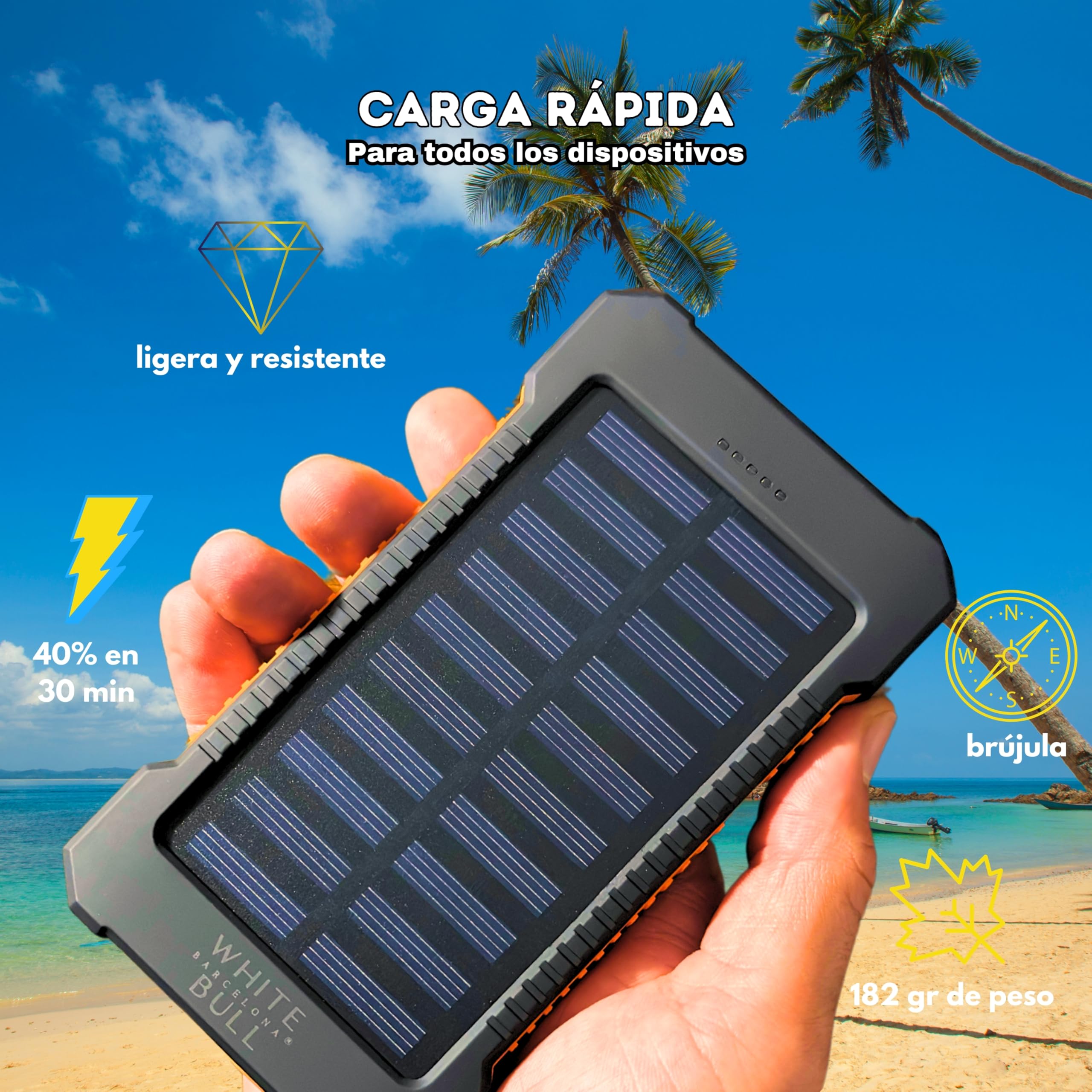 Batería Externa Carga Rápida 20000mAh con Panel Solar y Linterna LED | Power Bank IPX4 Ligera Resistente 2+1 Puertos Cable USB C Universal Mosquetón Brújula | Cargador 2025 Powerbank Portátil Móvil
