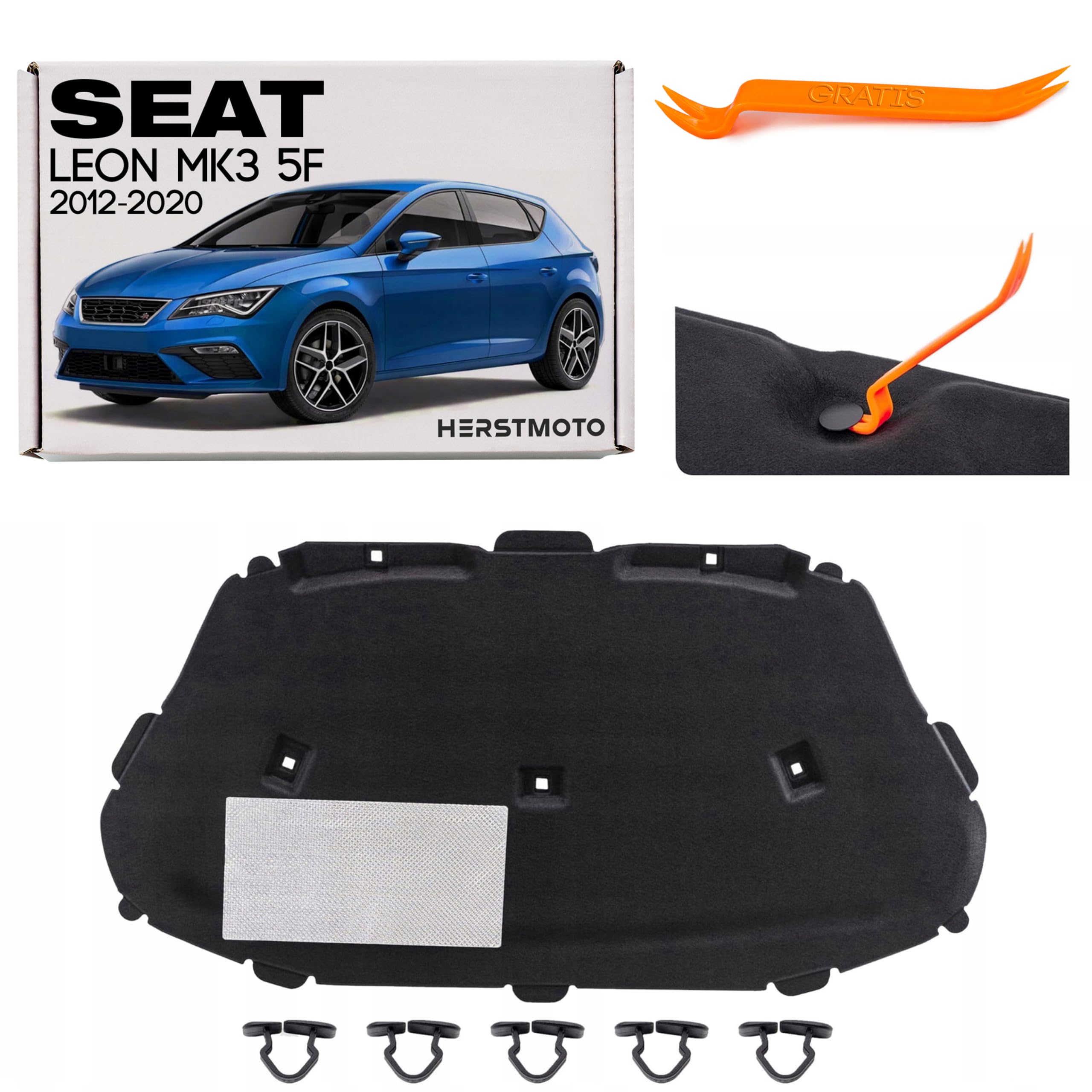 Motorhaubendämmung Schalldämmung der Motorhaube Motorhauben-Dämmmatte MIT CLIPS FÜR SEAT LEON MK3 III 5F 2012-2020 SC / ST / VAN / KOMBI / HATCHBACK 5F0863831