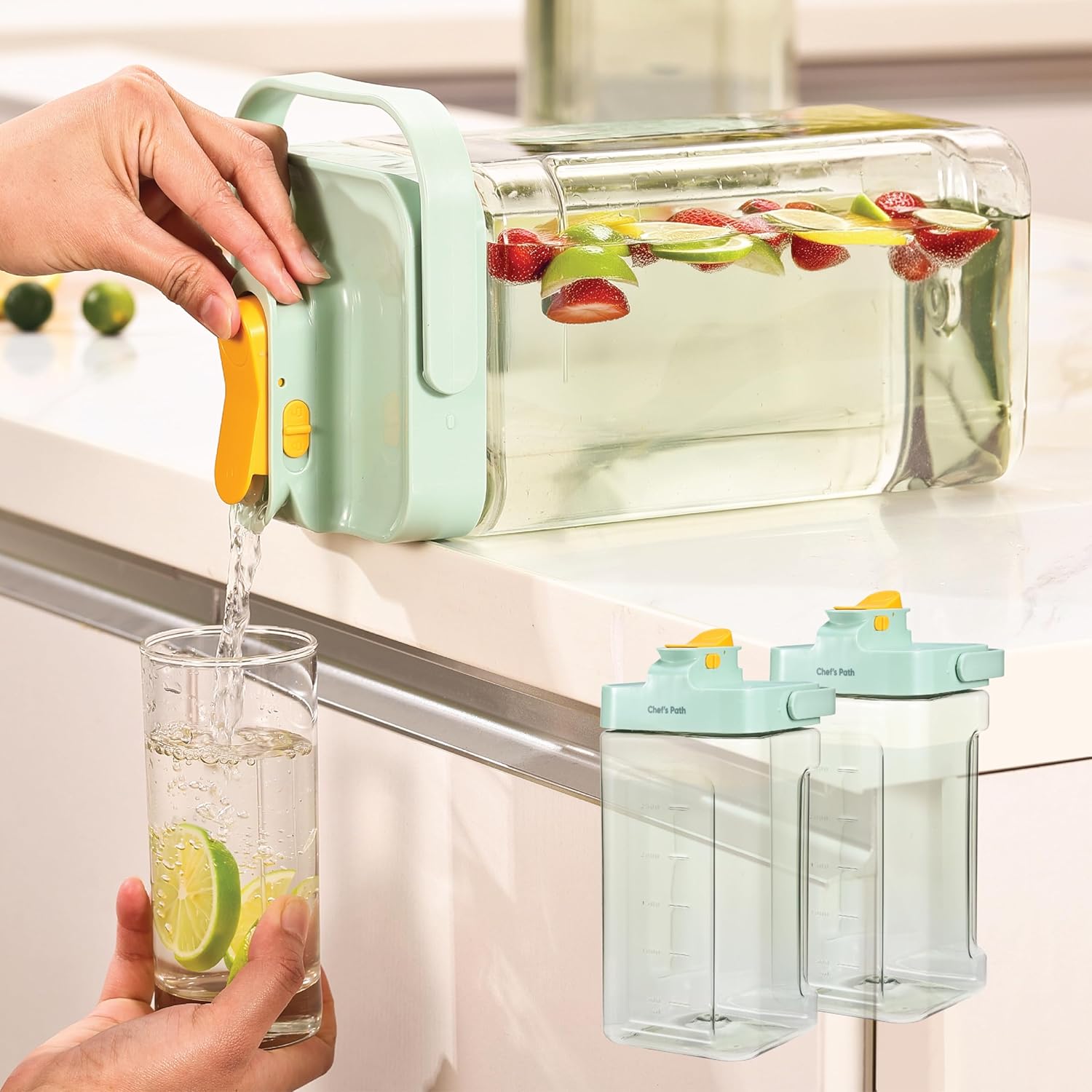 Chef’s Path Fridge Drink Dispenser 3.5L (0.9 Gal), Set of 2 – Large Capacity Beverage Dispenser for All Day Long Hydration. Enjoy Your Favorite Refreshing Hot and Cold Drinks Everywhere You Go