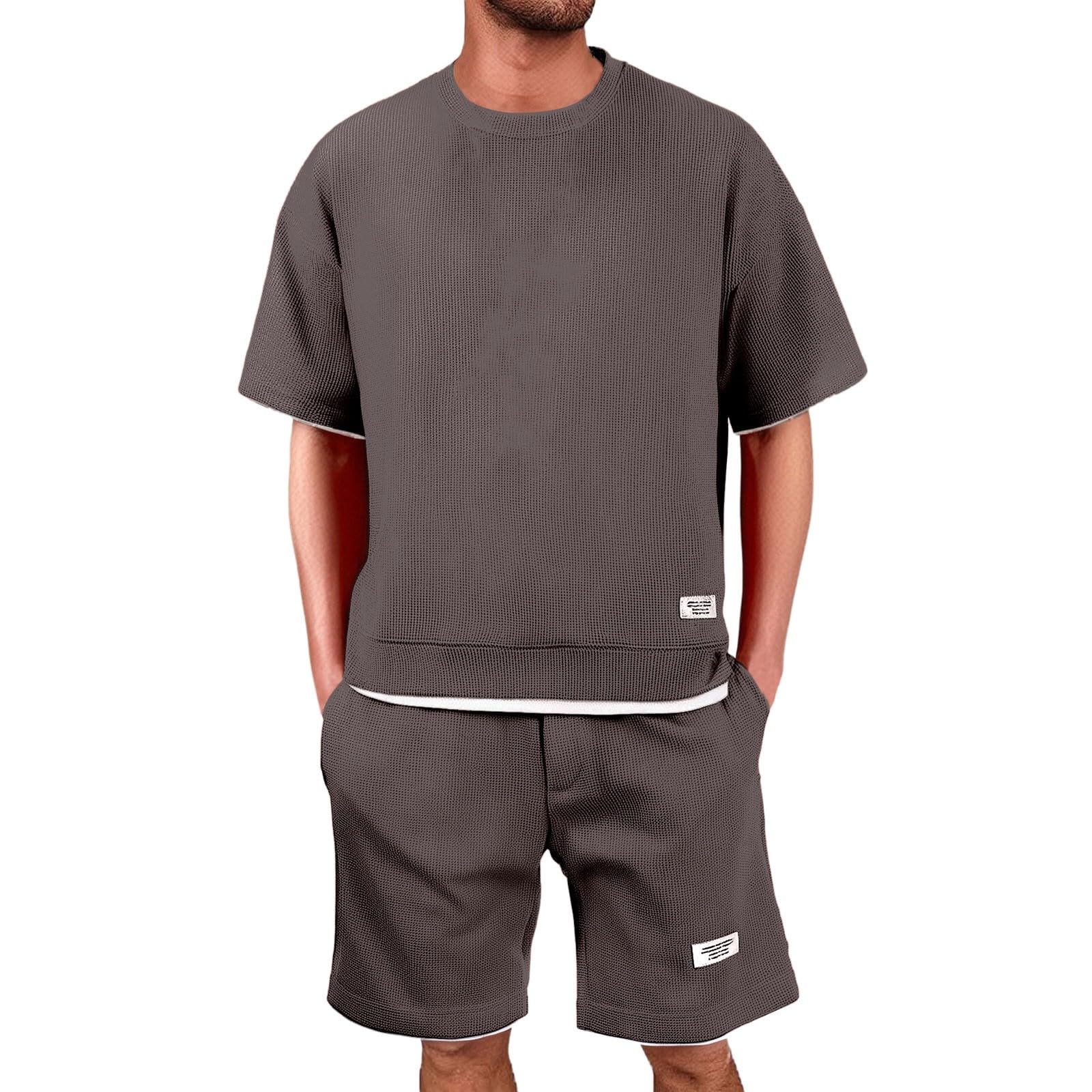 Generico Completo Estivo Uomo Corto: Due Pezzi Waffle Maglietta + Pantaloncini Completi Estivi Sportivo Tute Estive Casual Tuta Elegante Leggeri Per Palestra Spiaggia M-5XL
