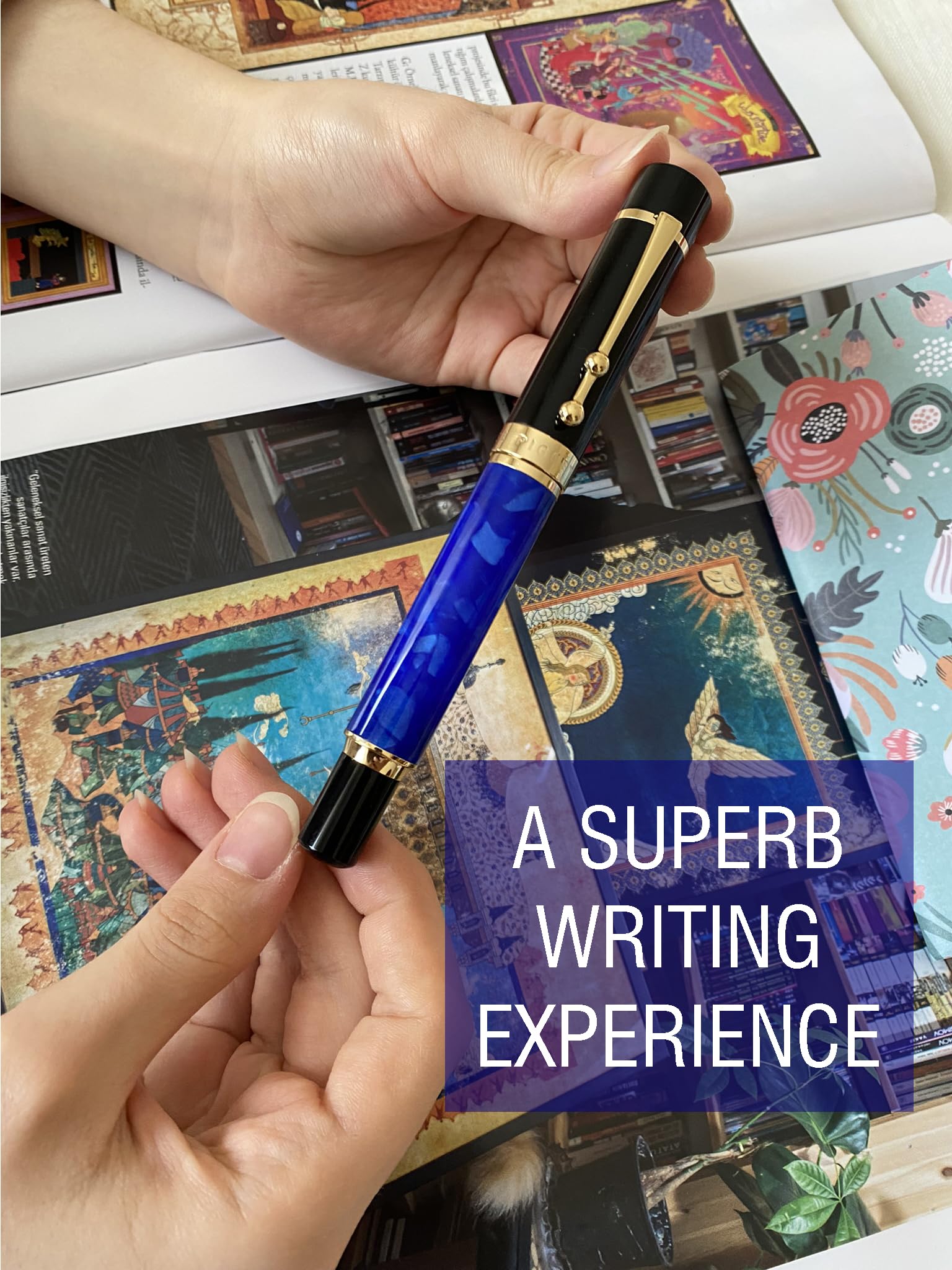 Piguet Genève – Stylo plume de luxe et ergonomiques – Série Taurus – Plume M allemande, finitions dorées – Dans un coffret cadeau avec recharge universelle et convertisseur (Stylo Plume, Océan Bleu)