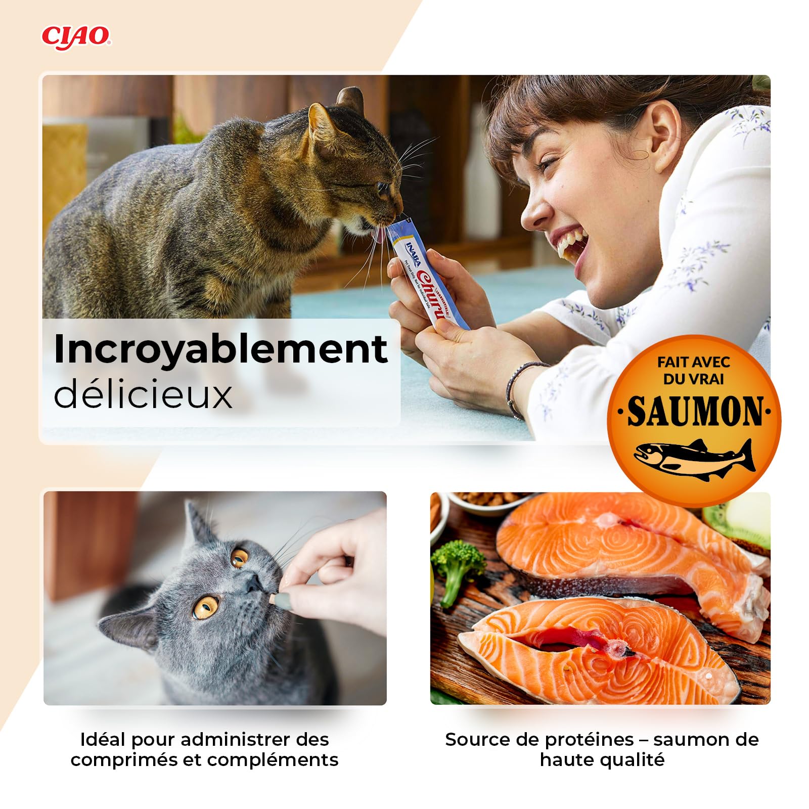 INABA Churu Salmon Variety Pack, Friandises Crémeuses pour Chats, Purée à Donner à la Main, Recettes au Saumon, Thon, Poulet et Pétoncle, Ingrédients Premium, Haute Humidité, 60 Sticks x 14g