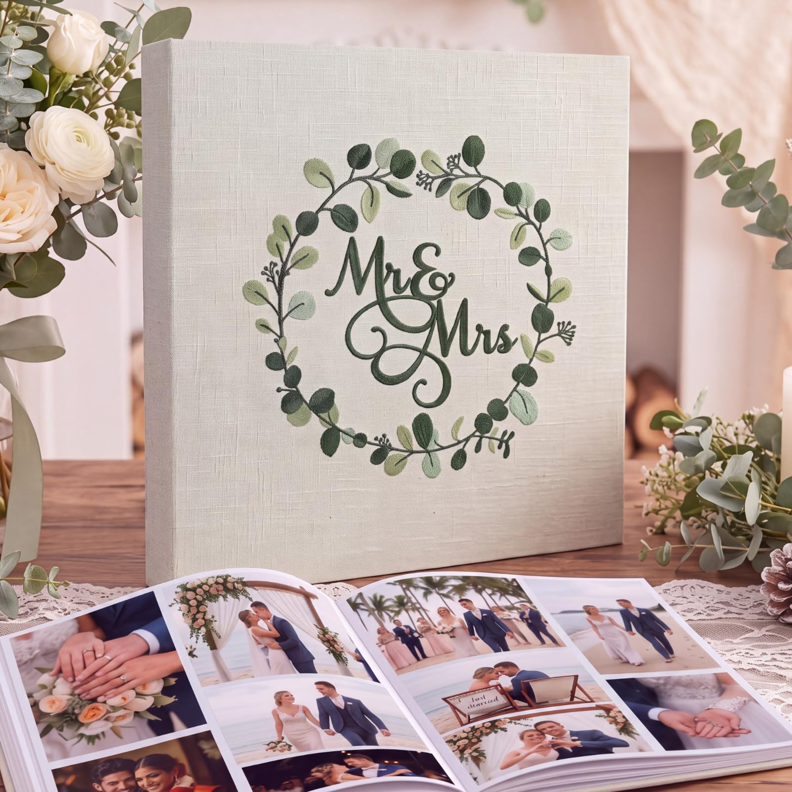 MotiMind Eucalyptus Leaf Embroidered Linen Wedding Photo Album 12.99x11.81 Inches with 400 Pockets Vintage Wedding Memory Book for Engagement Photo Honeymoon Keepsake Couple Anniversary