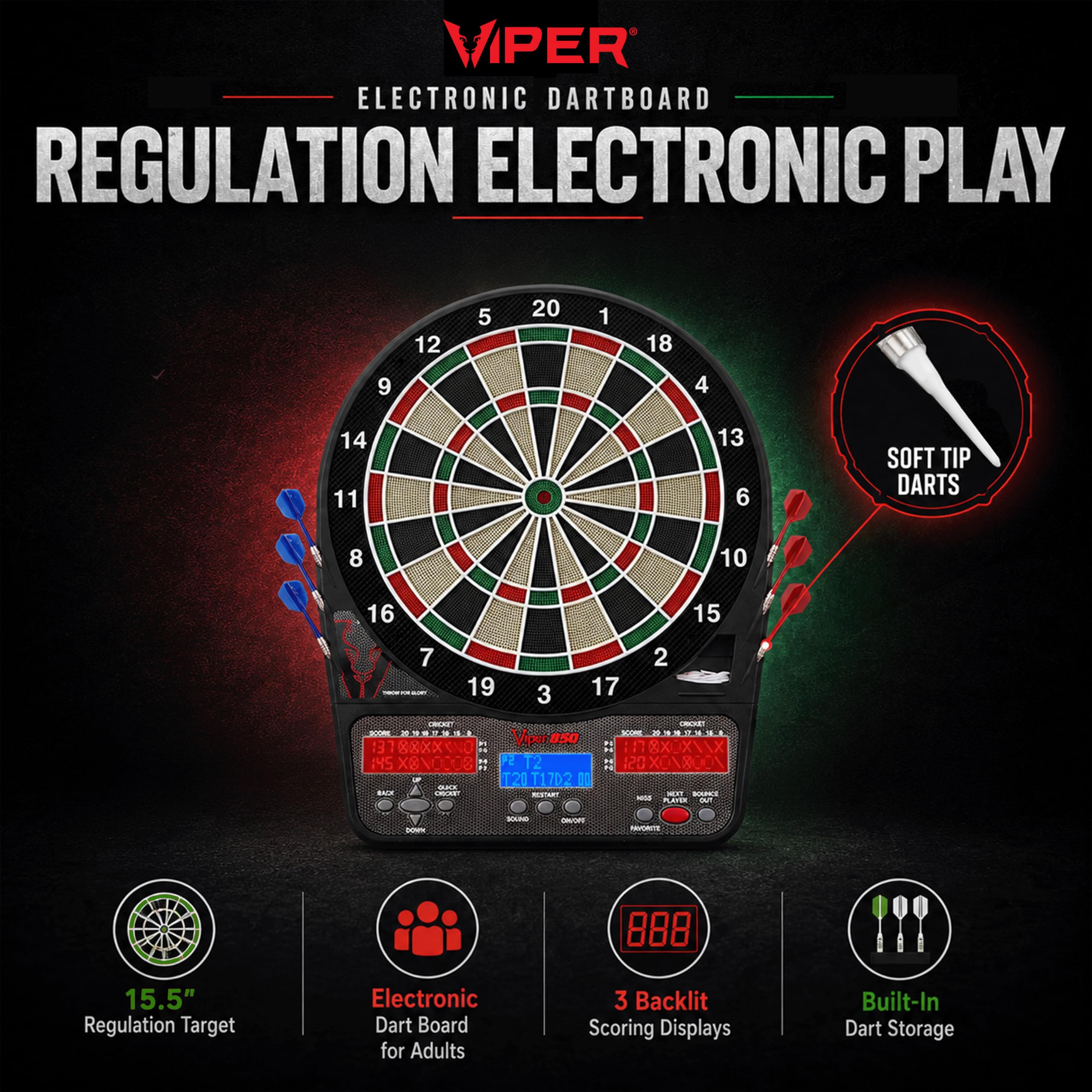 Viper 850 Electronic Soft Tip Dartboard 15.5 in Regulation Target 50 Games 6 Darts Included Black product thumbnail 4