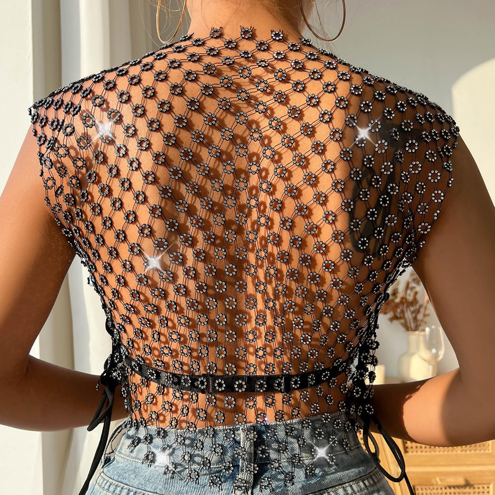 Débardeur court transparent sexy pour femmes Strass voir à travers Hollow Out sans manches Sortir haut en résille