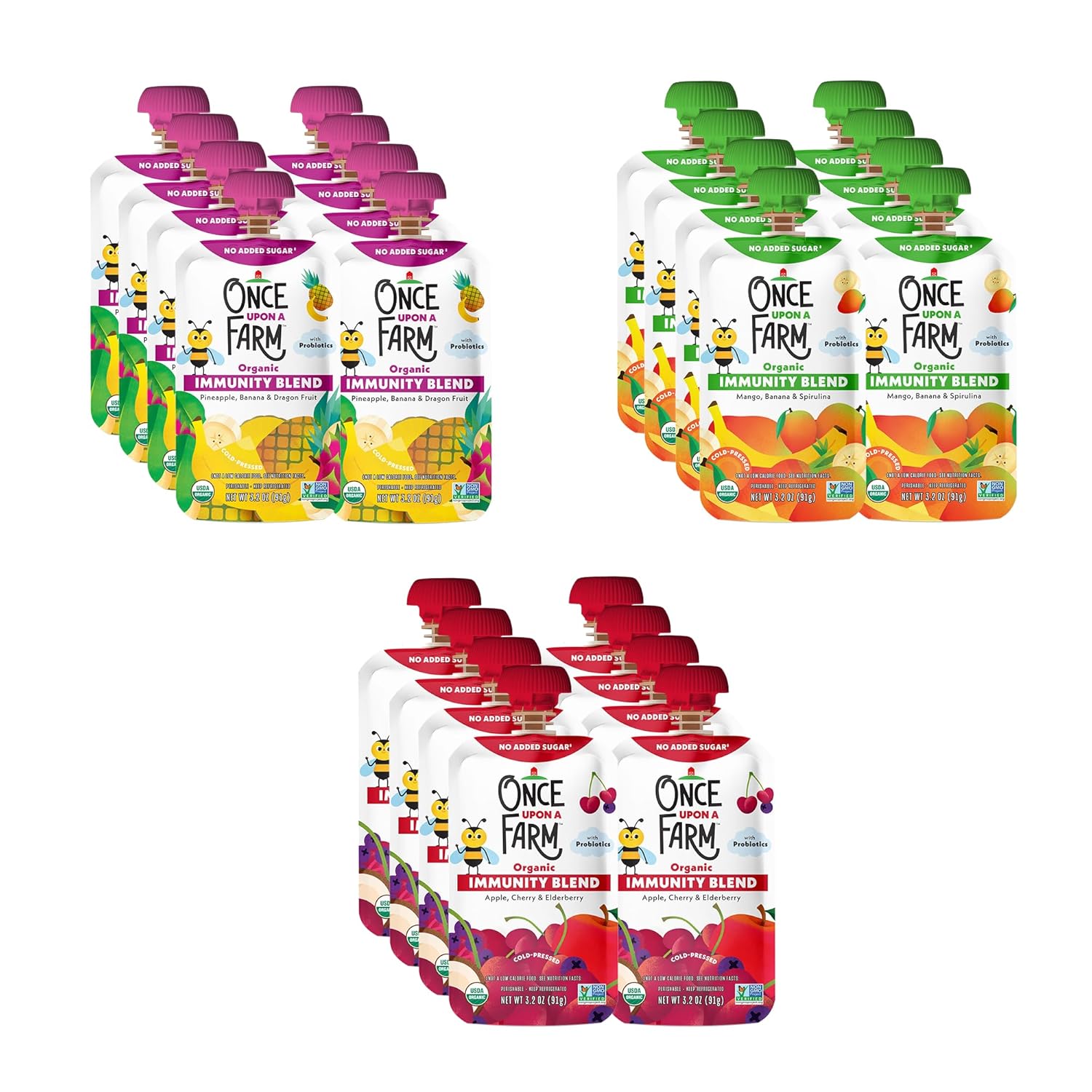 Once Upon a Farm | Organic Immunity Blend | Mango Banana Spirulina, Apple Cherry Elderberry, Pineapple, Banana Dragon Fruit | Cold-Pressure Protected | No Sugar Added | Dairy-Free | Variety Pack of 24