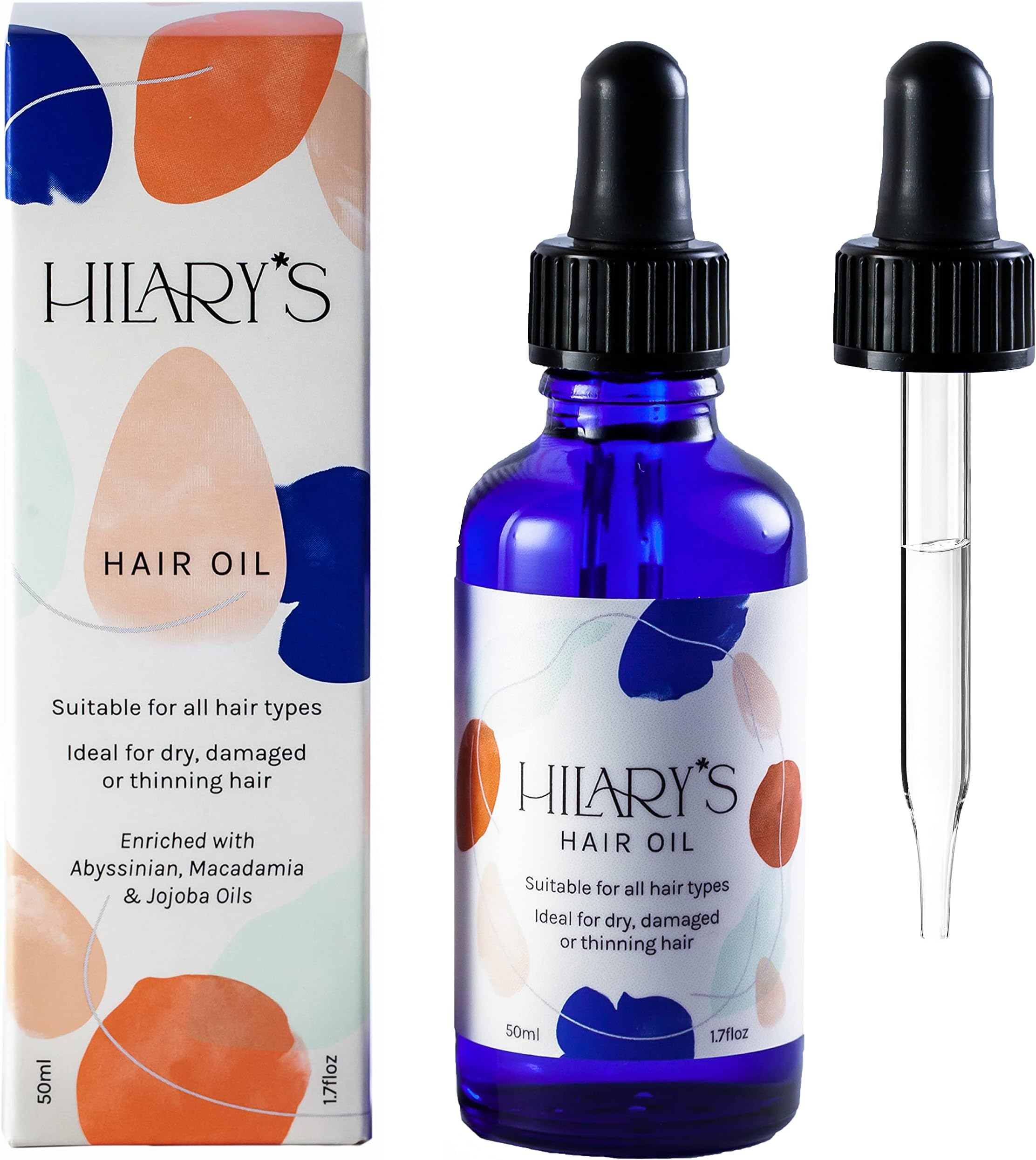 Hilaryโs - Natural Hair Oil for Dry, Damaged and Frizzy Hair - Made in the UK with Jojoba and Macadamia for Moisturising Scalp Treatment, Protection and Repair (50ml)