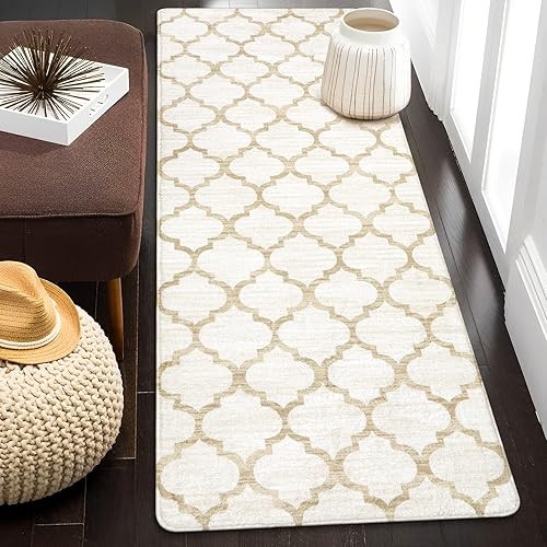 Lahome - Alfombra marroquí, de 2 x 6 pies, lavable, antideslizante, con reverso de goma, decorativa, suave, no desprende pelusas, de color marfil y